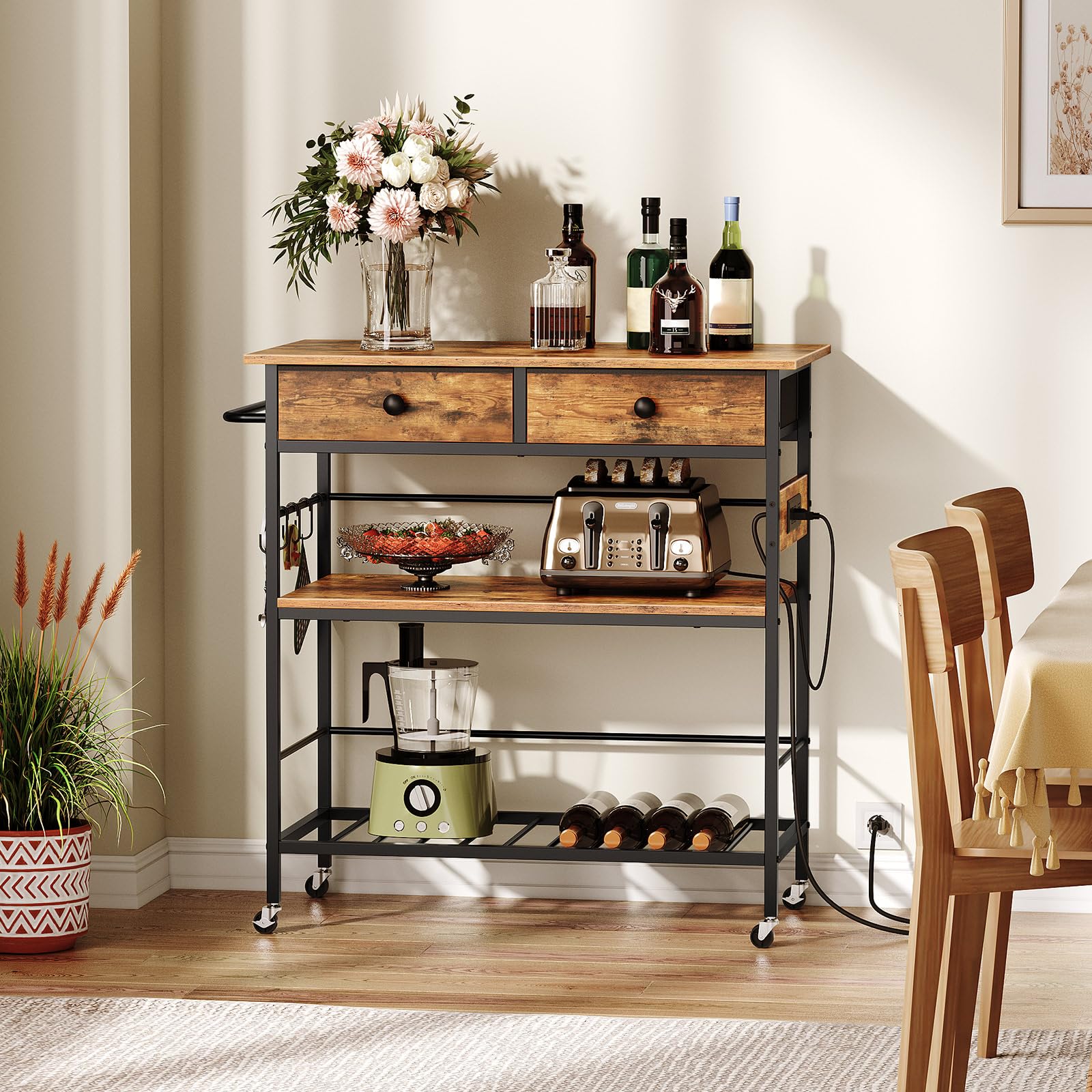 HOOBRO Kitchen Island with Storage, Rolling Island Cart for Kitchen with 2 Drawers & Outlet, 3 Tier Coffee Station and Microwave Stand, Kitchen Island Table for Home, Rustic Brown BF08UZD01