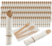 Pre Rolled Napkin and Bamboo Cutlery Set - 100Pack Bamboo Utensils/Compostable