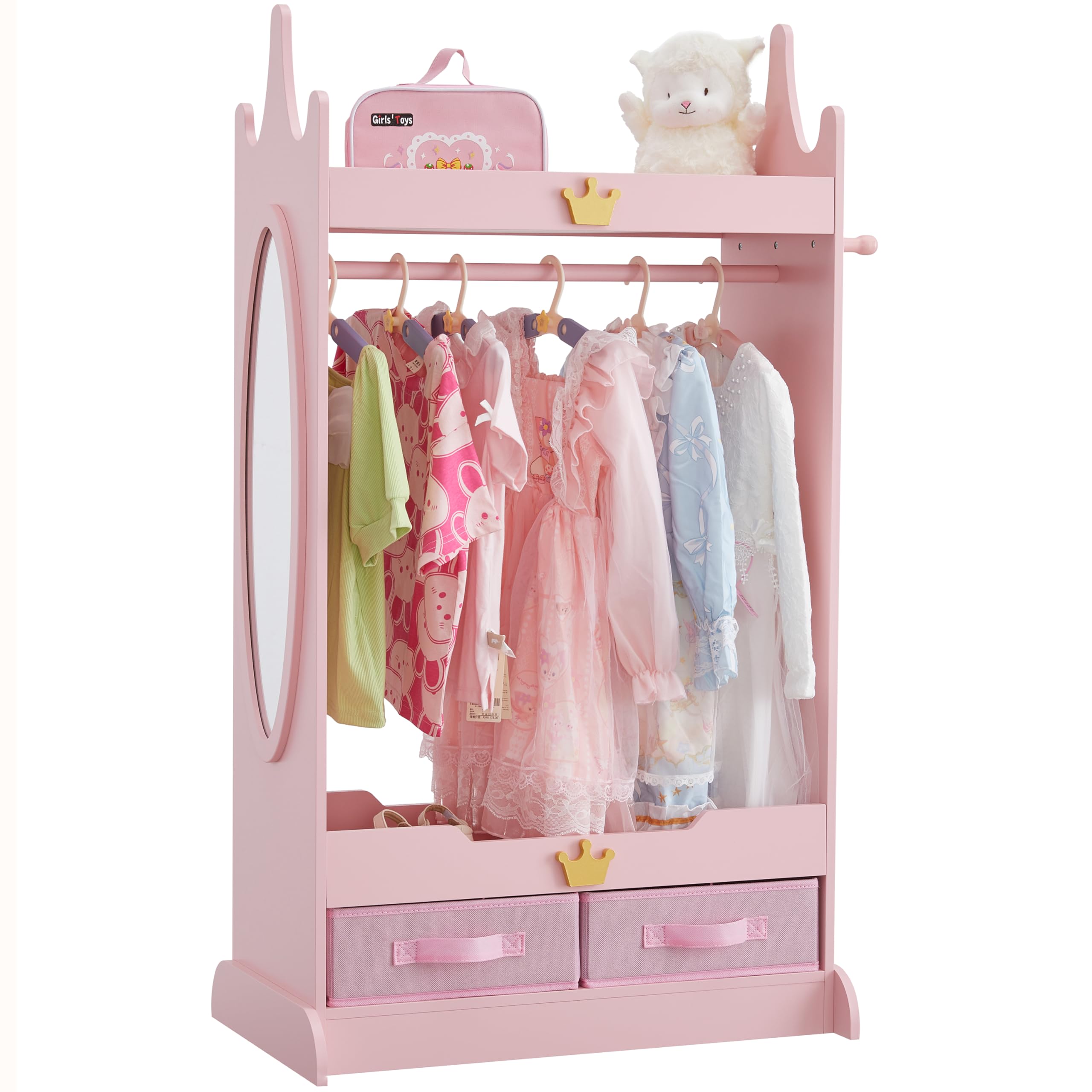 Dress Up Storage with Mirror, Kids Armoire with Non-Woven Drawers, Open