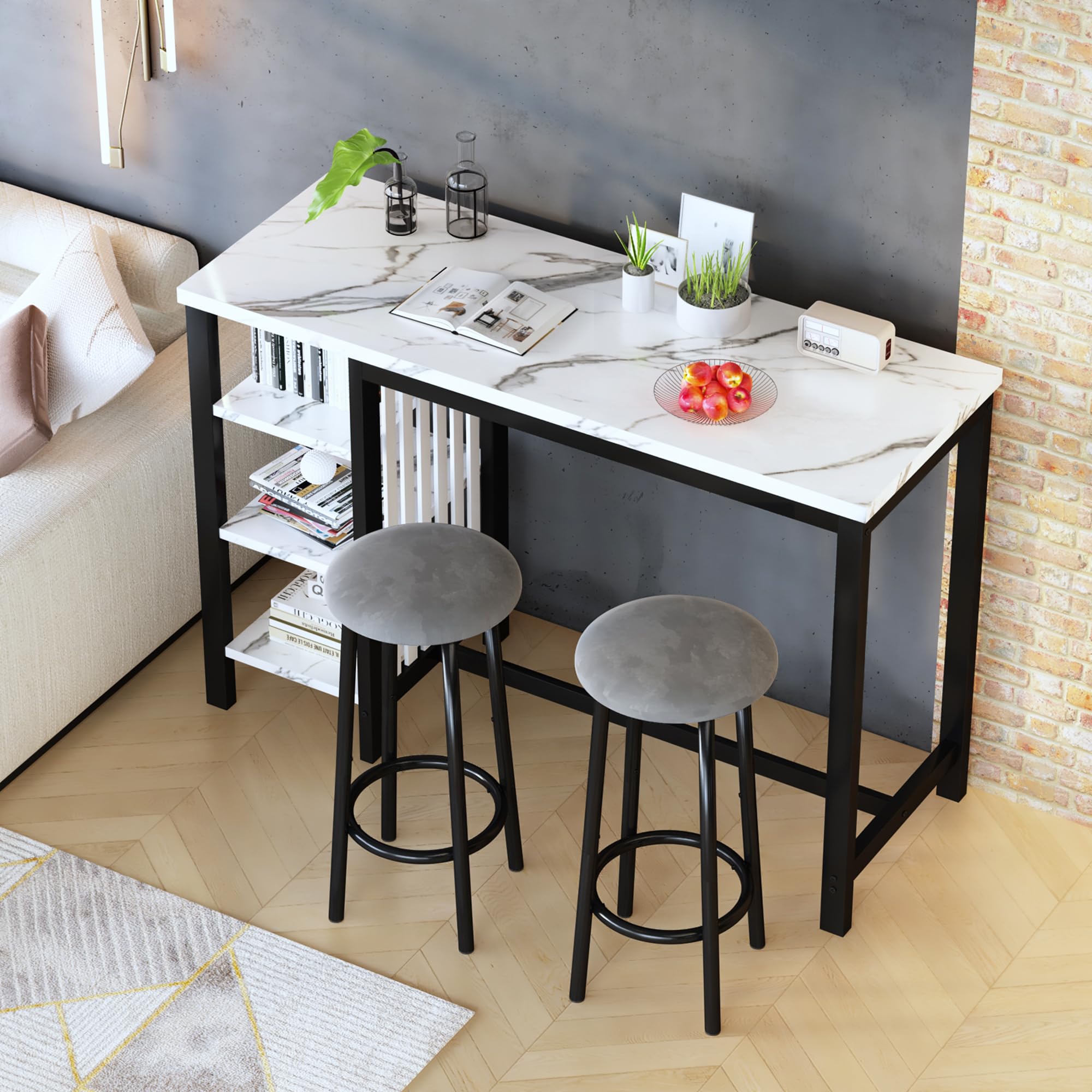 Bar Table Set with Storage Shelves, 47" Modern White Faux Marble Breakfast Table