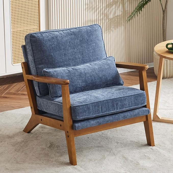Accent Chair Wide Armrest Mid-Century Lounge Chair Linen Fabric Armchair with Lumbar