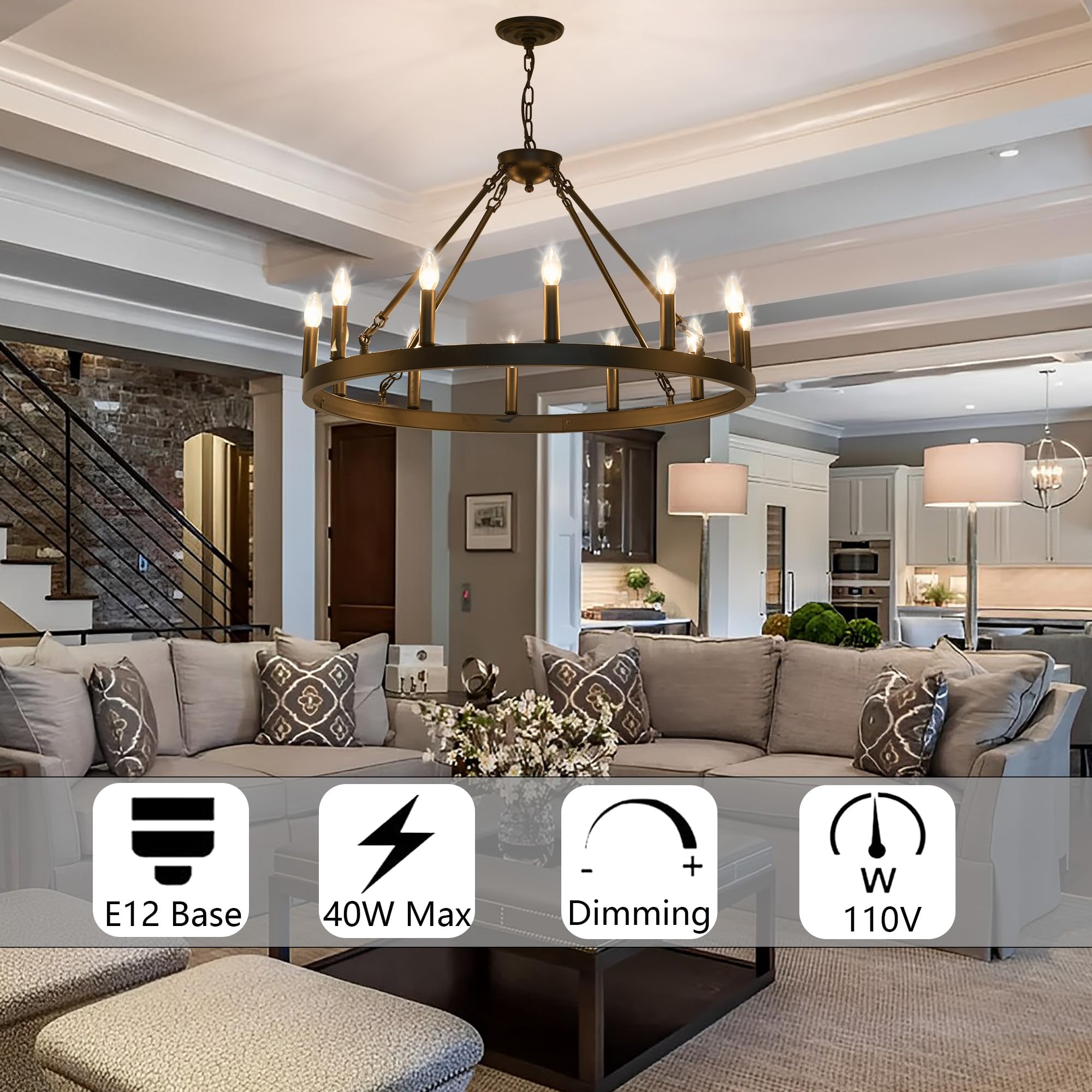 Black Wagon Wheel Chandelier 32 inch,12-Light Farmhouse Wagon