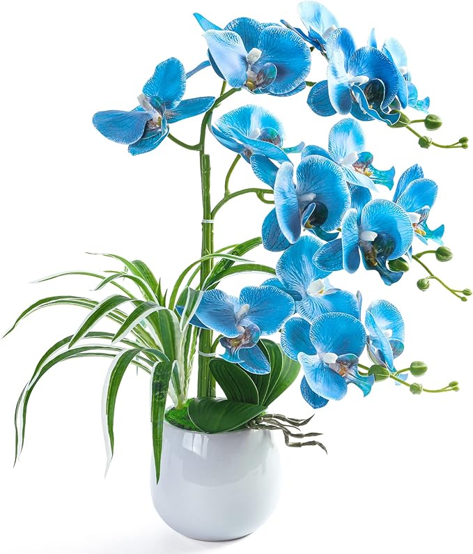 Artificial Orchid Plants and Flowers with Vase, Fake Faux Orchid in Ceramic Pot,17”, Fuchsia