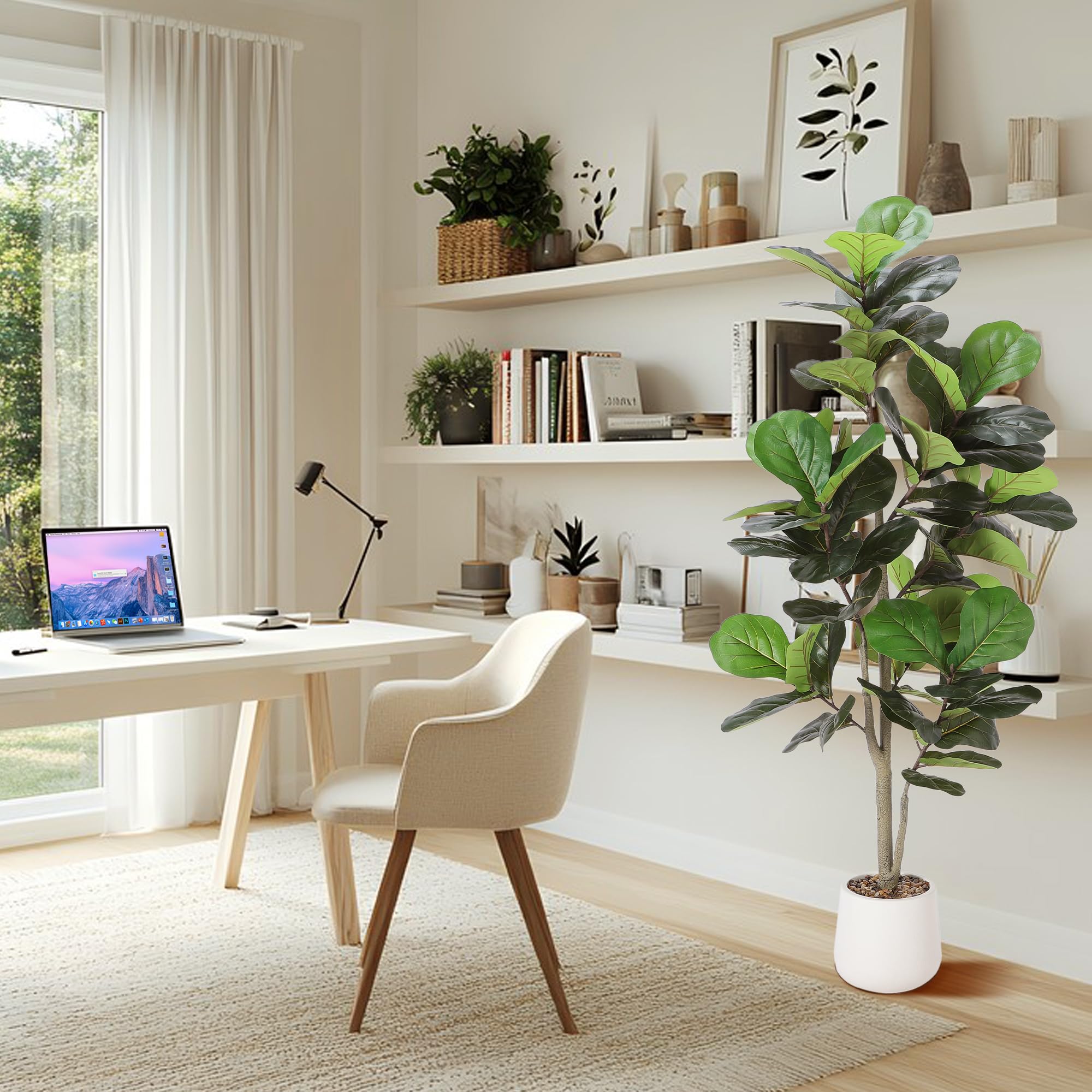 Artificial Fiddle Leaf Tree, 5ft Faux Plant Fake Ficus Lyrata Silk Trees with White Planter