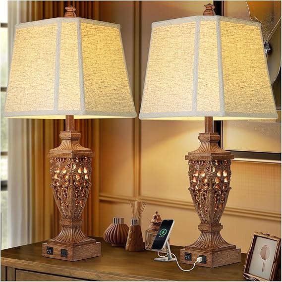 Table Lamps Set of 2 with Night Light,Bedside Lamp with White Linen Cut