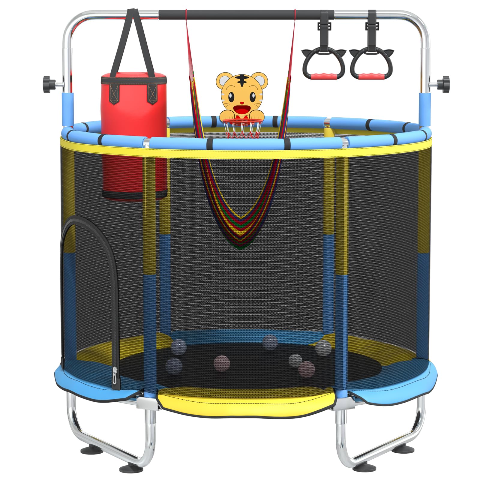 Pelnuies 60" Trampoline for Kids with Safety Net, 440lbs Indoor & Outdoor Toddler Trampoline with Swing, Adjustable Gym Bar & Basketball Hoop, Fun & Active Play for Boys & Girls, Yellowishblue