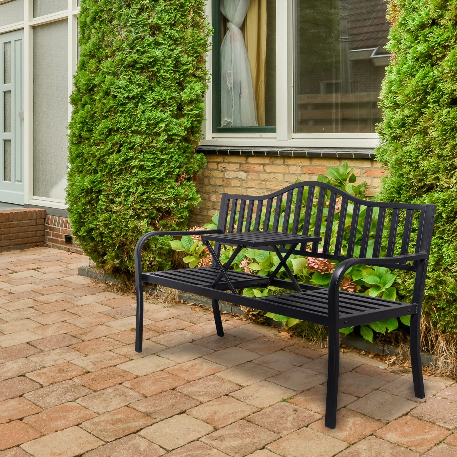 59" Outdoor Metal Bench Patio Bench with Built in Table Park Bench
