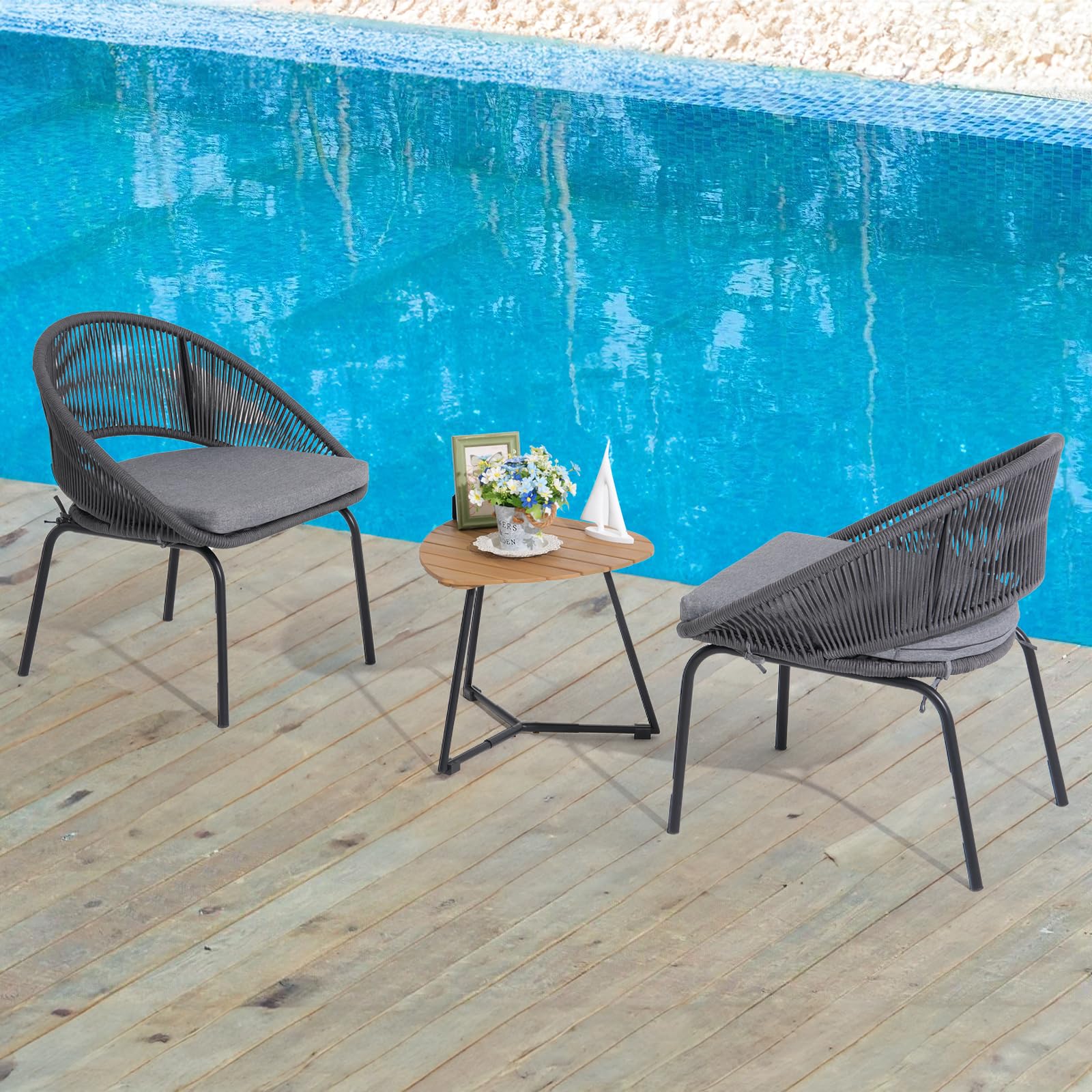 Patio Furniture Set, 3 Piece Outdoor Bistro Chair Conversation Sets Woven Rope