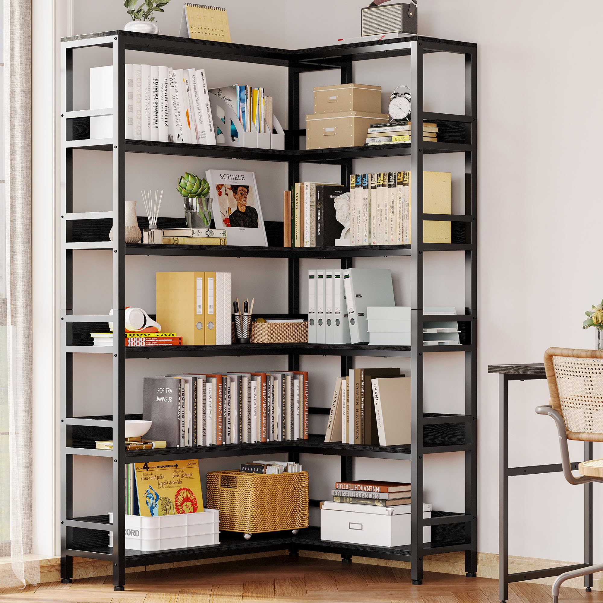 Industrial Bookshelves 6 Tiers Corner Bookcases with Baffles Etagere Shelf Storage