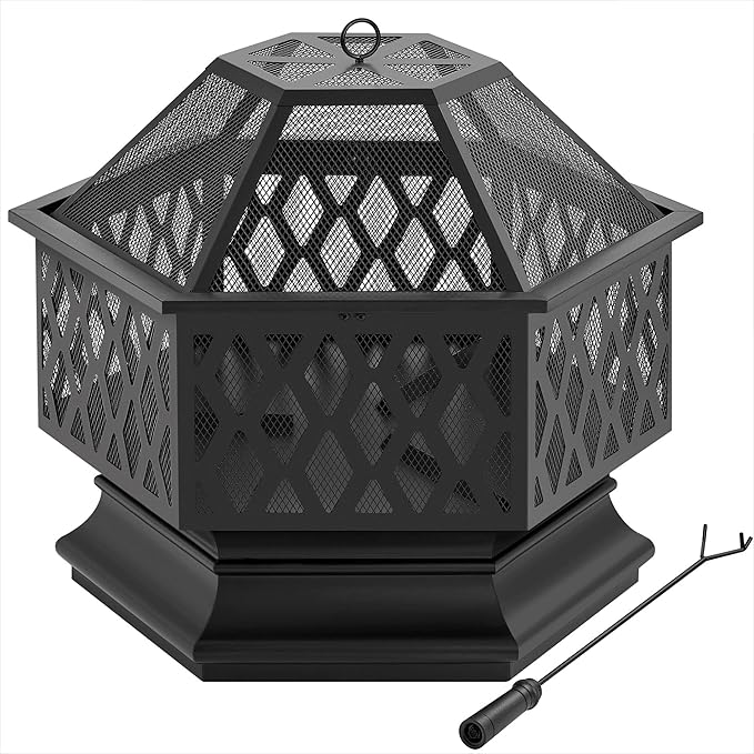 Portable Fire Pit Outdoor Firepit with Mesh Sides Cover Poker Steel Heater