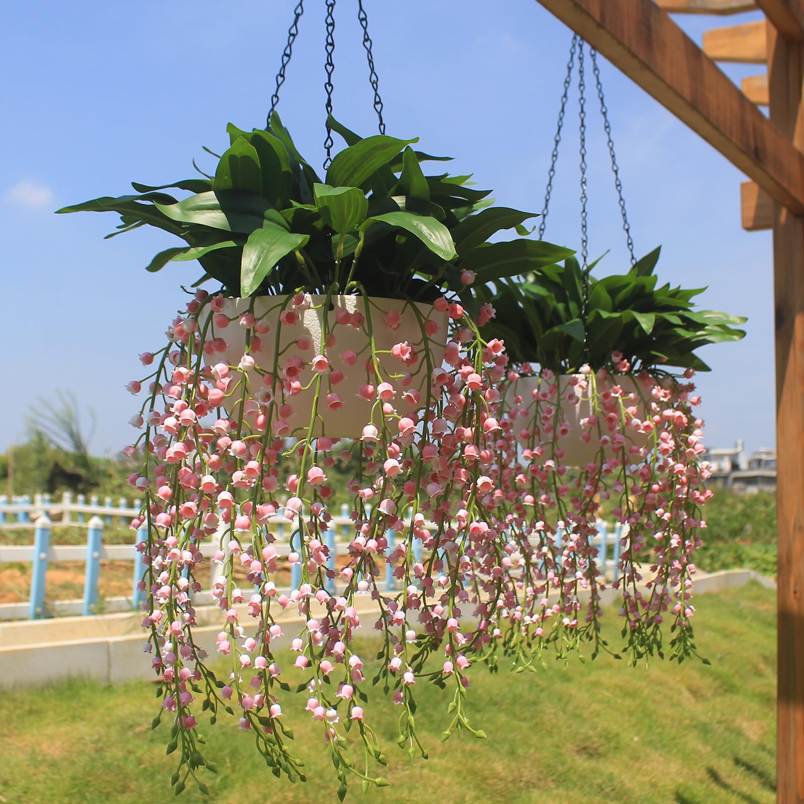 2-Pack Artificial Hanging Lily of The Valley - Pink Faux Flowers UV Resistant Fake Plants