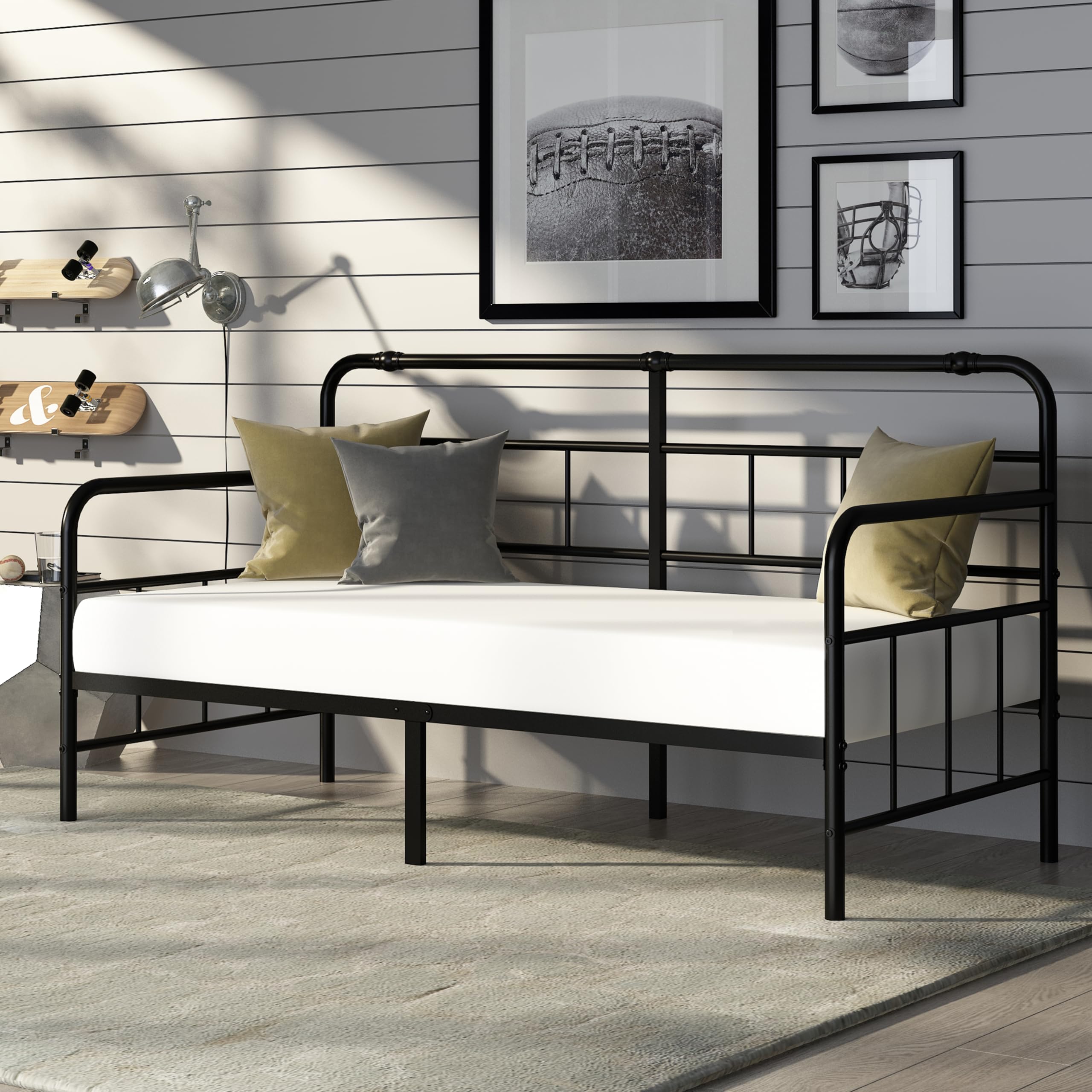Daybed-Metal-Twin-Size-Bed-Frame - with Headboard, Heavy Duty Steel Slats Support