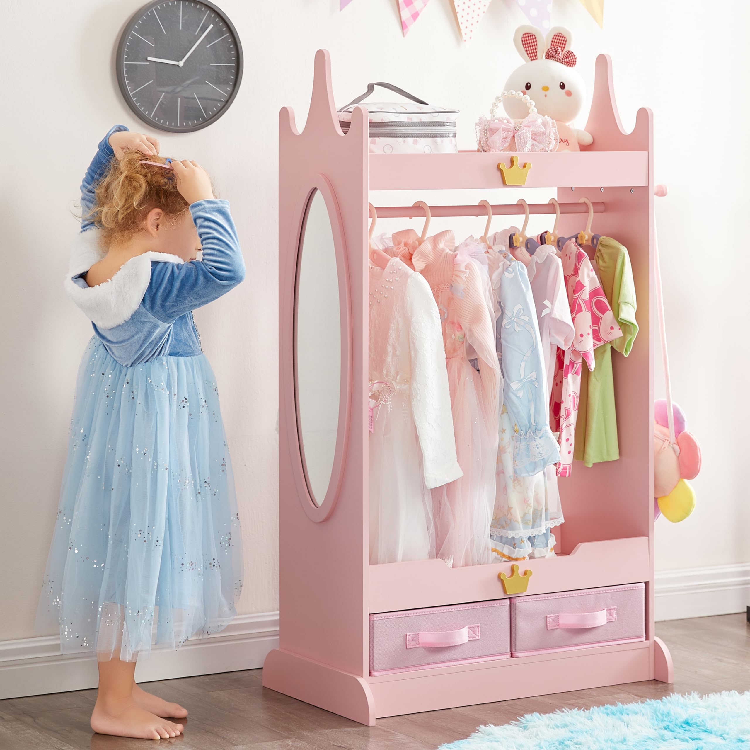Dress Up Storage with Mirror, Kids Armoire with Non-Woven Drawers, Open