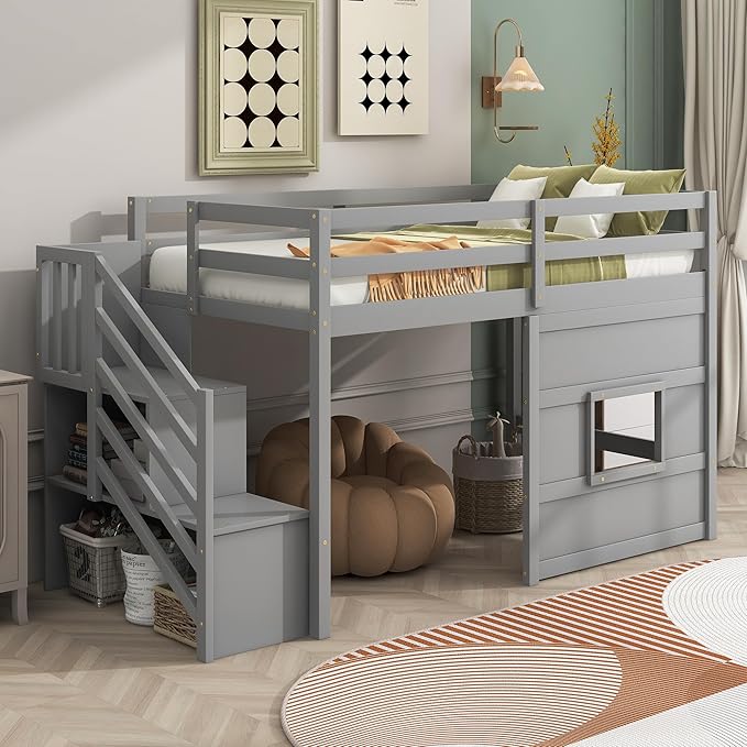Low Loft Bed with Stairs, Twin Size Storage Loft Bed Frame with Staircase and Window