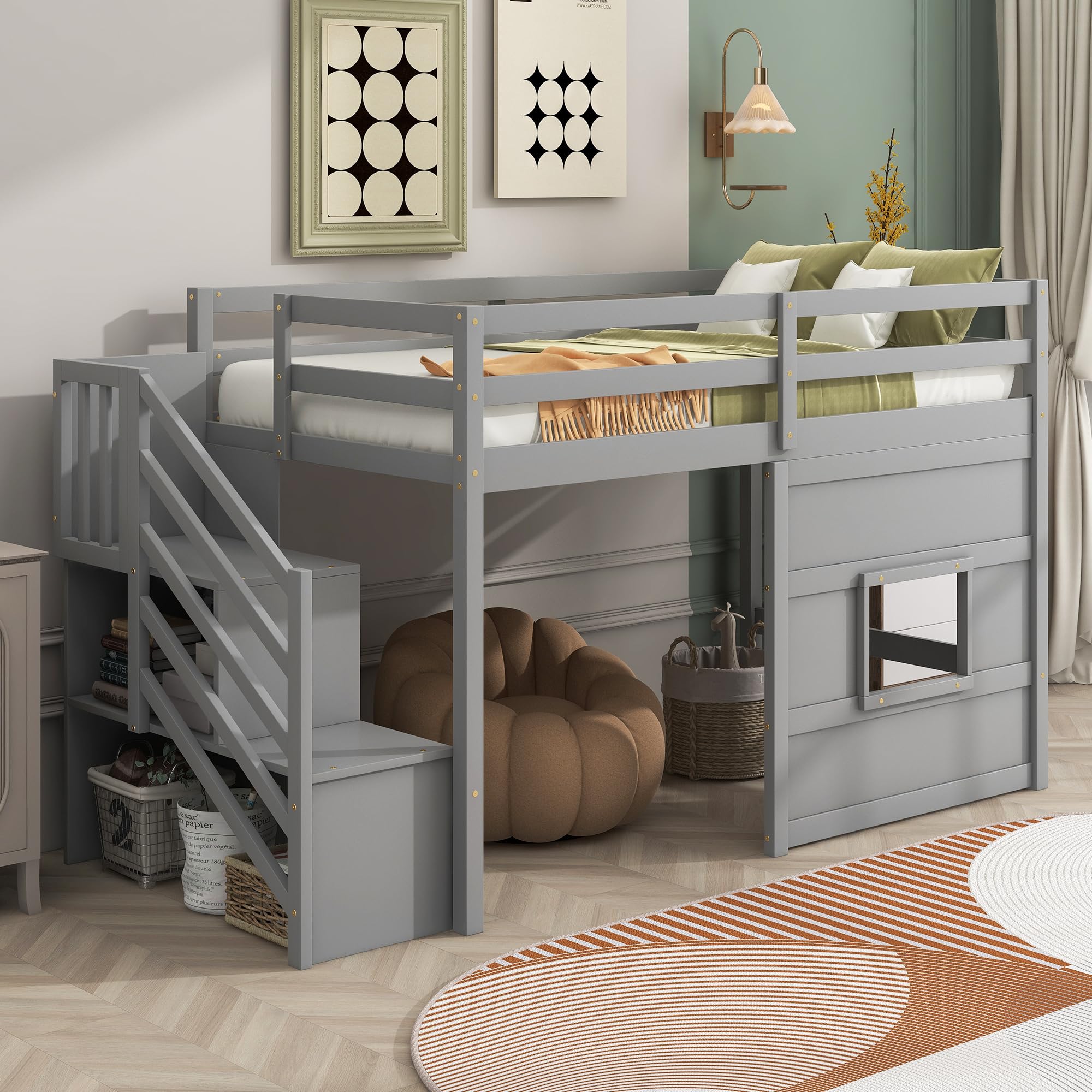 Low Loft Bed with Stairs, Twin Size Storage Loft Bed Frame with Staircase and Window