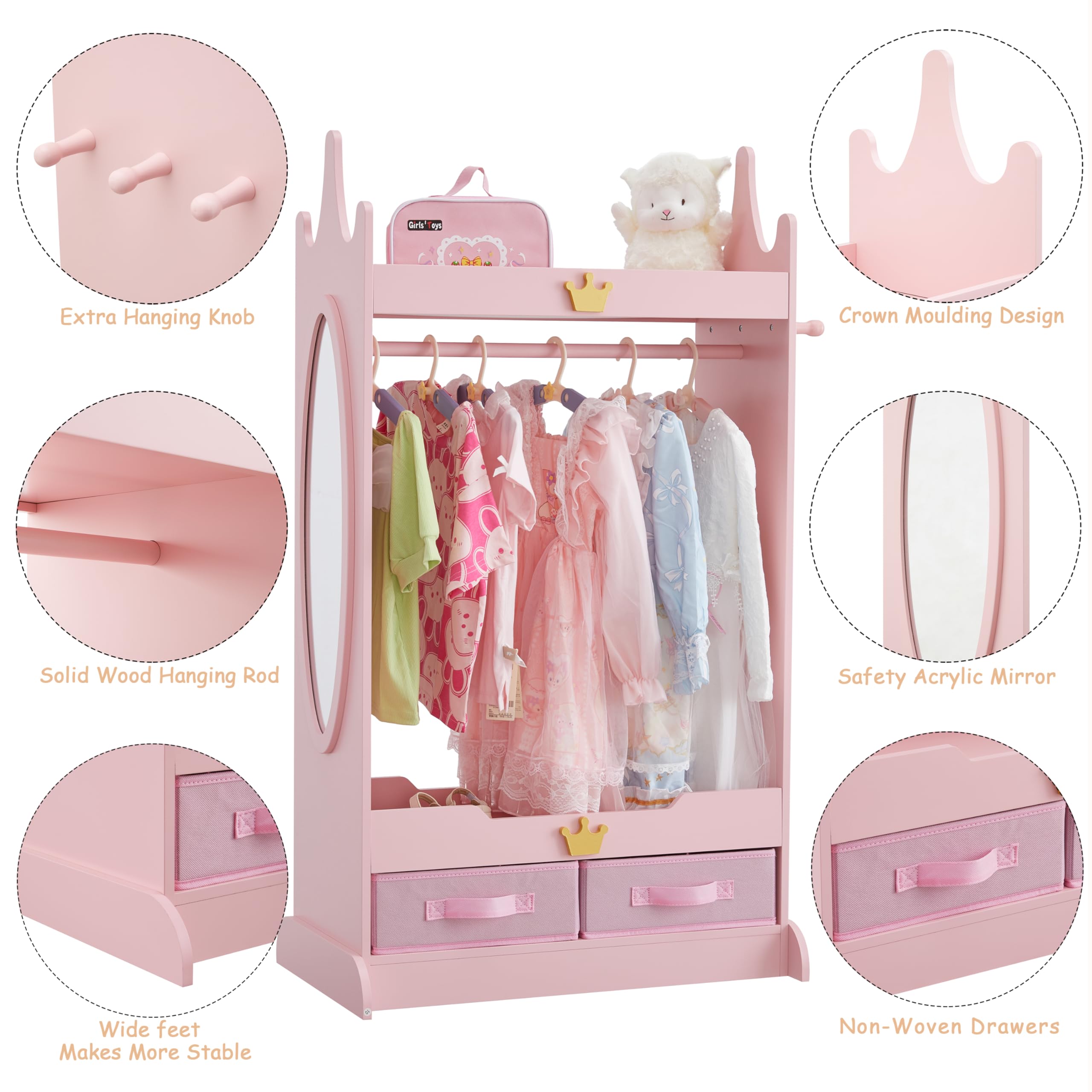 Dress Up Storage with Mirror, Kids Armoire with Non-Woven Drawers, Open