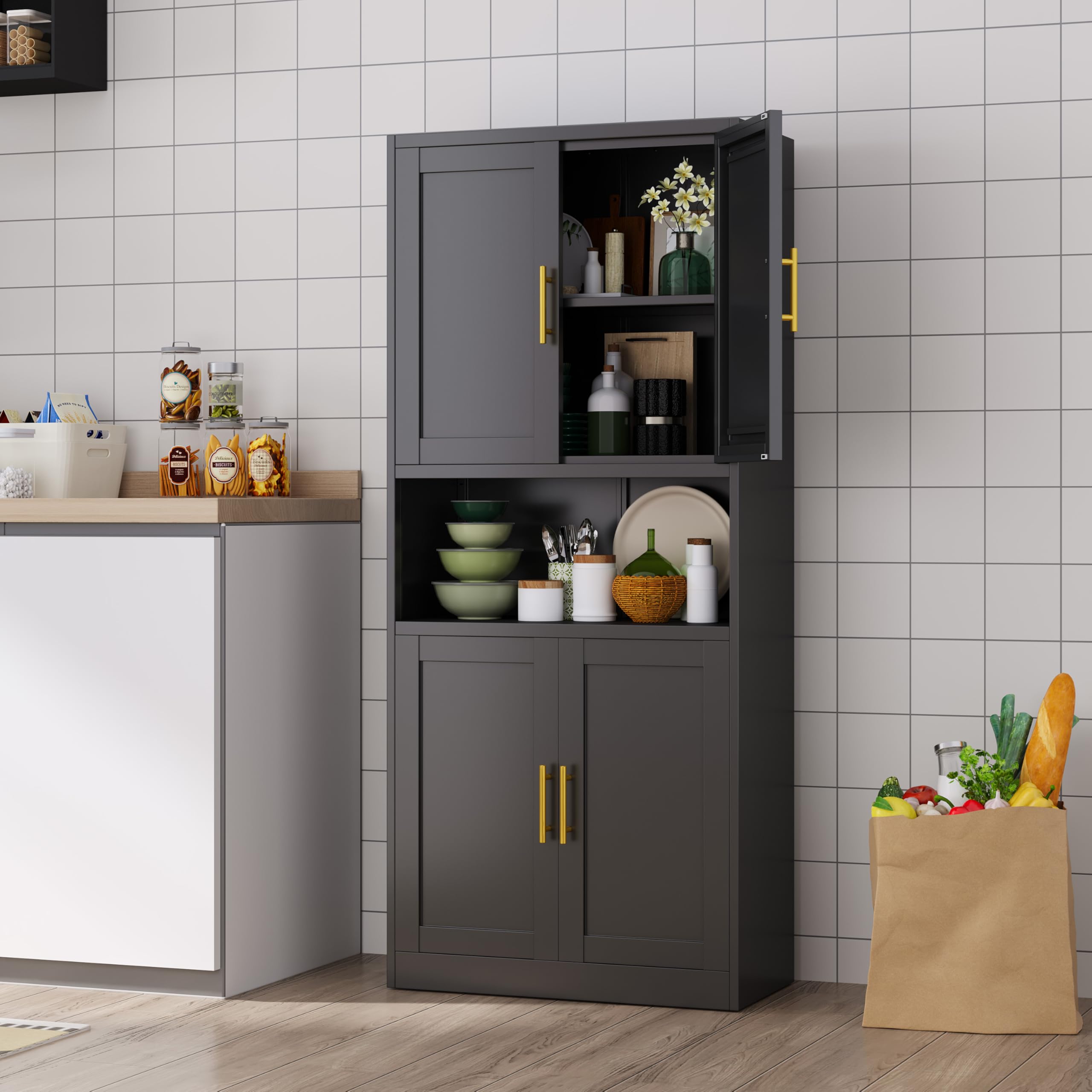 61”H Metal Kitchen Pantry Storage Cabinet，Freestanding Tall Storage Cabinets