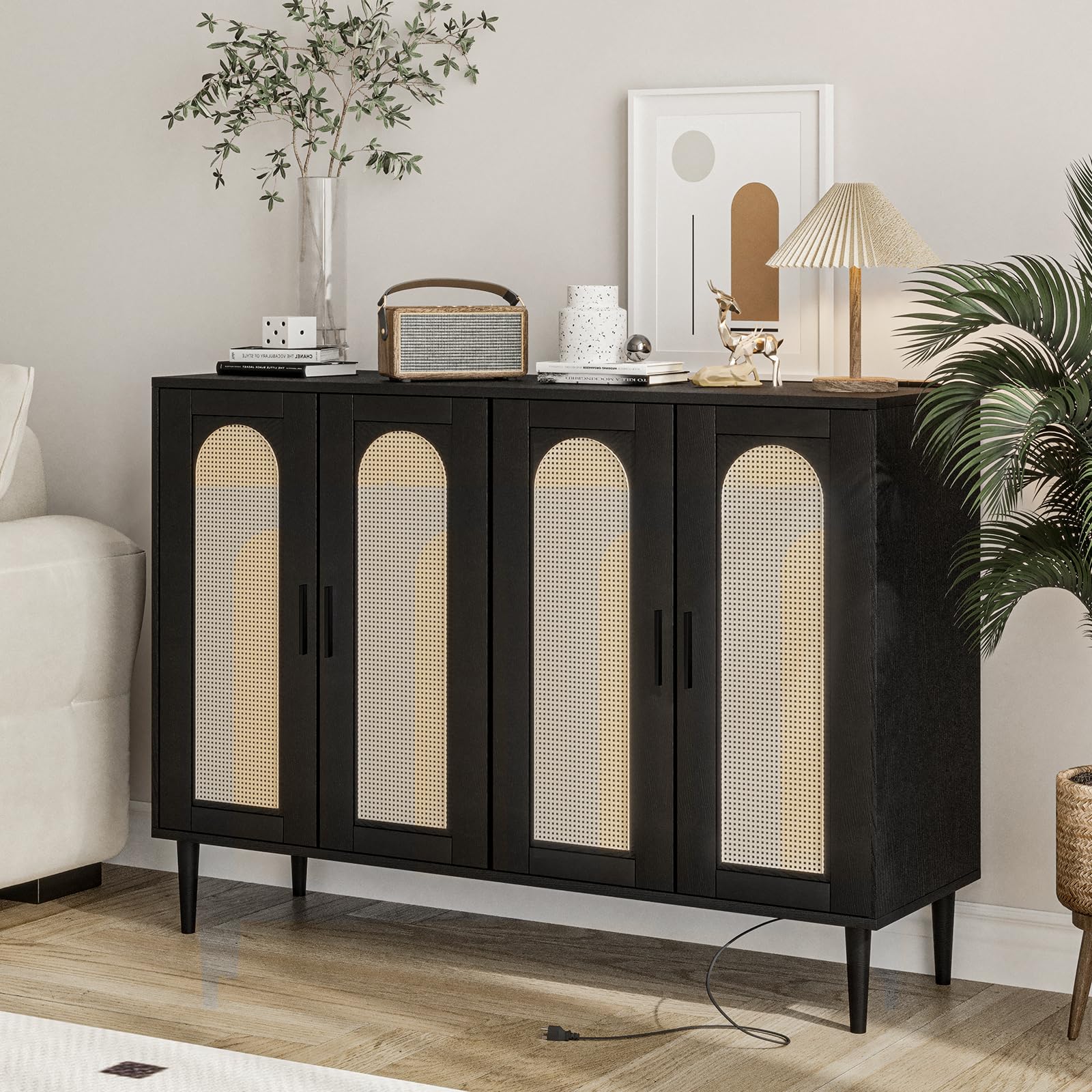 Sideboard Buffet Cabinet, 4 Rattan Doors Accent Storage Cabinet