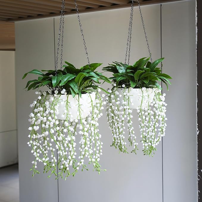 2-Pack Artificial Hanging Lily of The Valley - Pink Faux Flowers UV Resistant Fake Plants