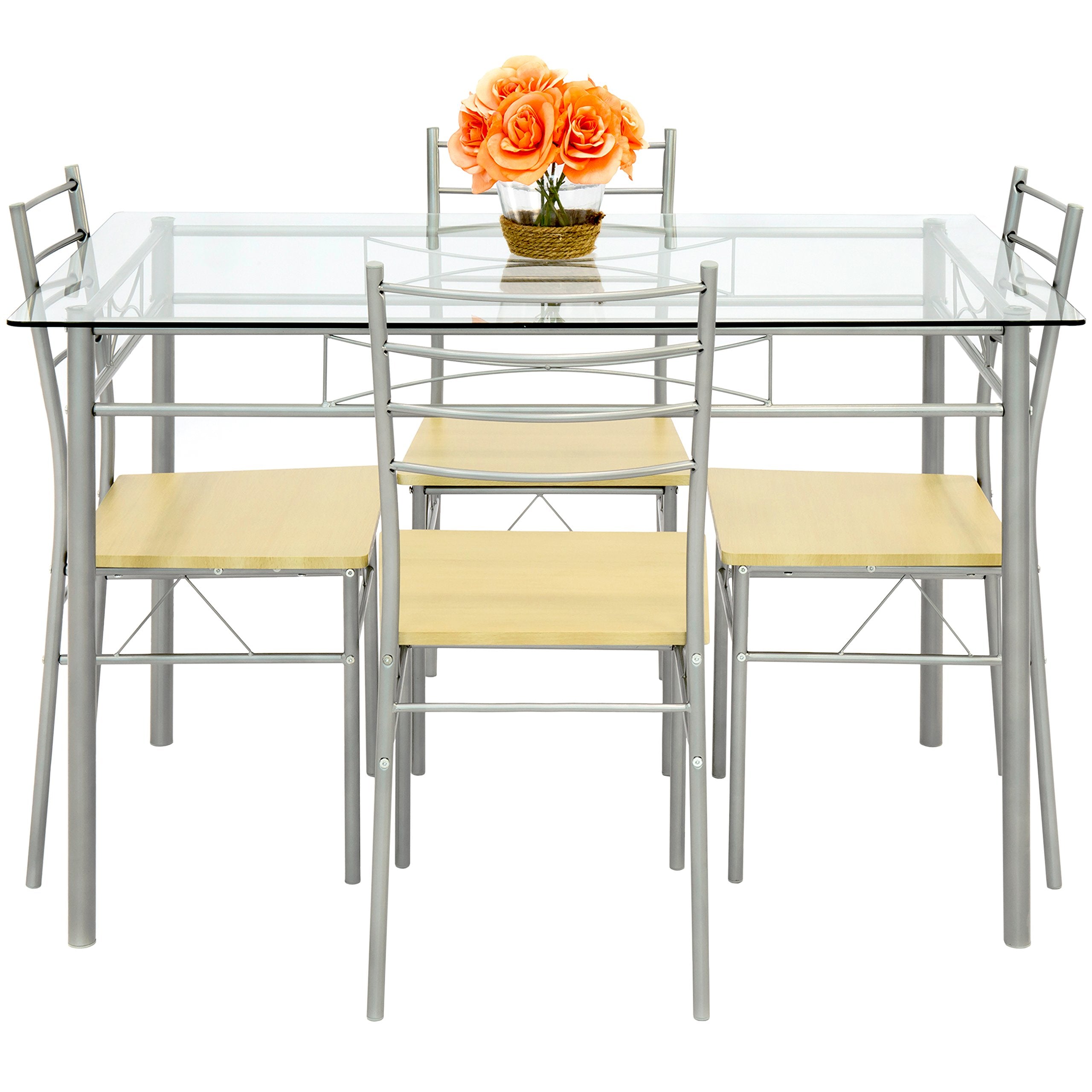 5-Piece Glass Top Dining Table Breakfast Set Furniture for Kitchen
