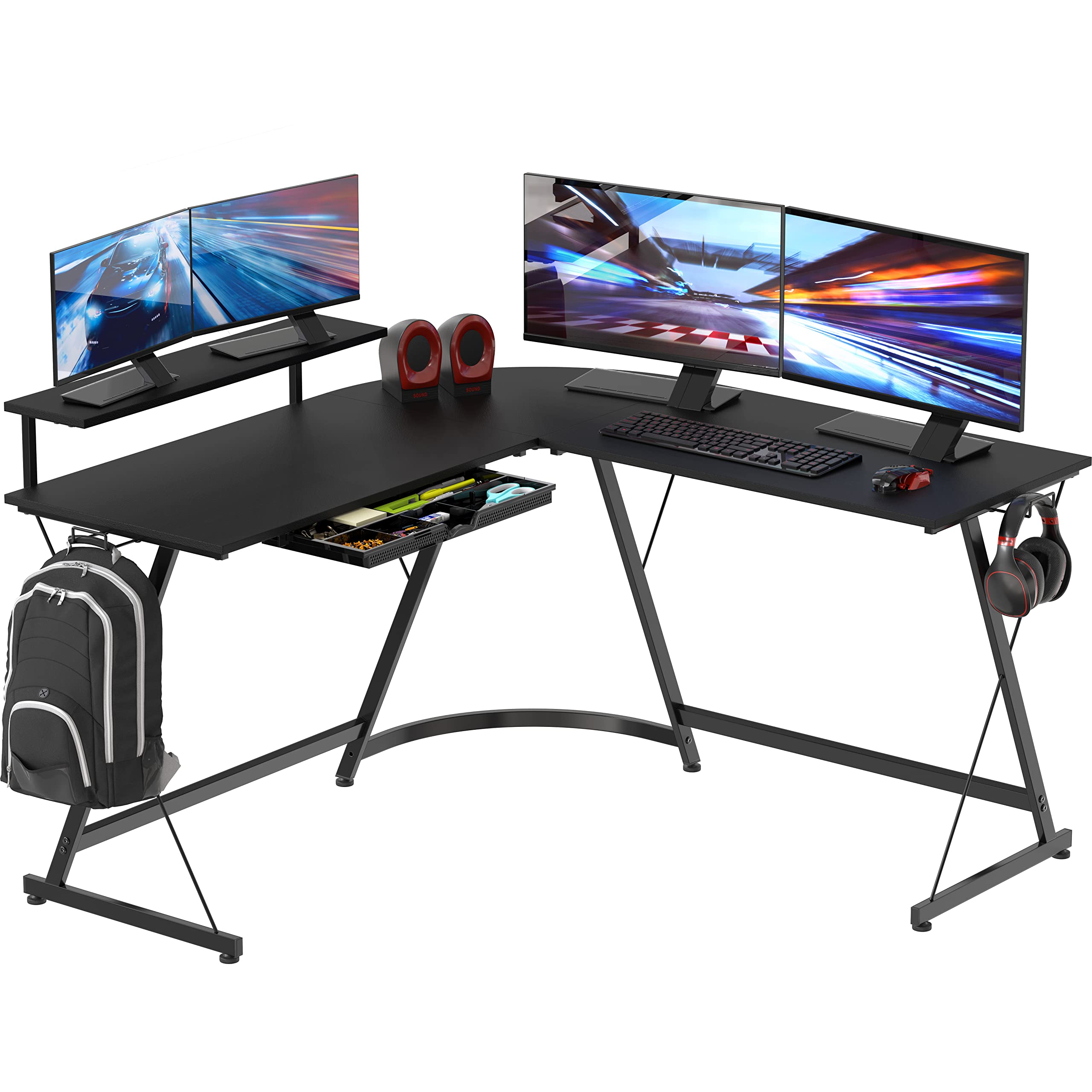 51 x 51 Inches Vista L-Shaped Desk with Monitor Stand and Drawer, Black