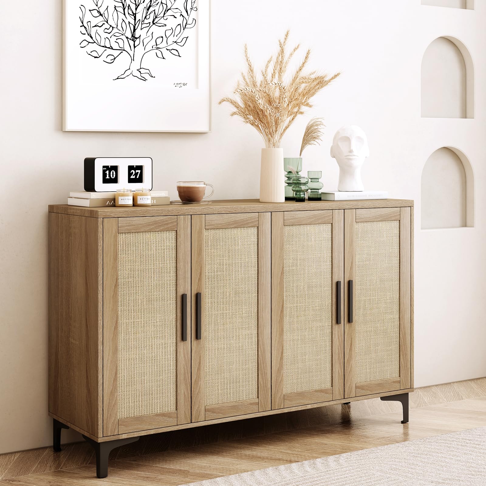 Sideboard Buffet Cabinet with Storage, Rattan Kitchen Storage