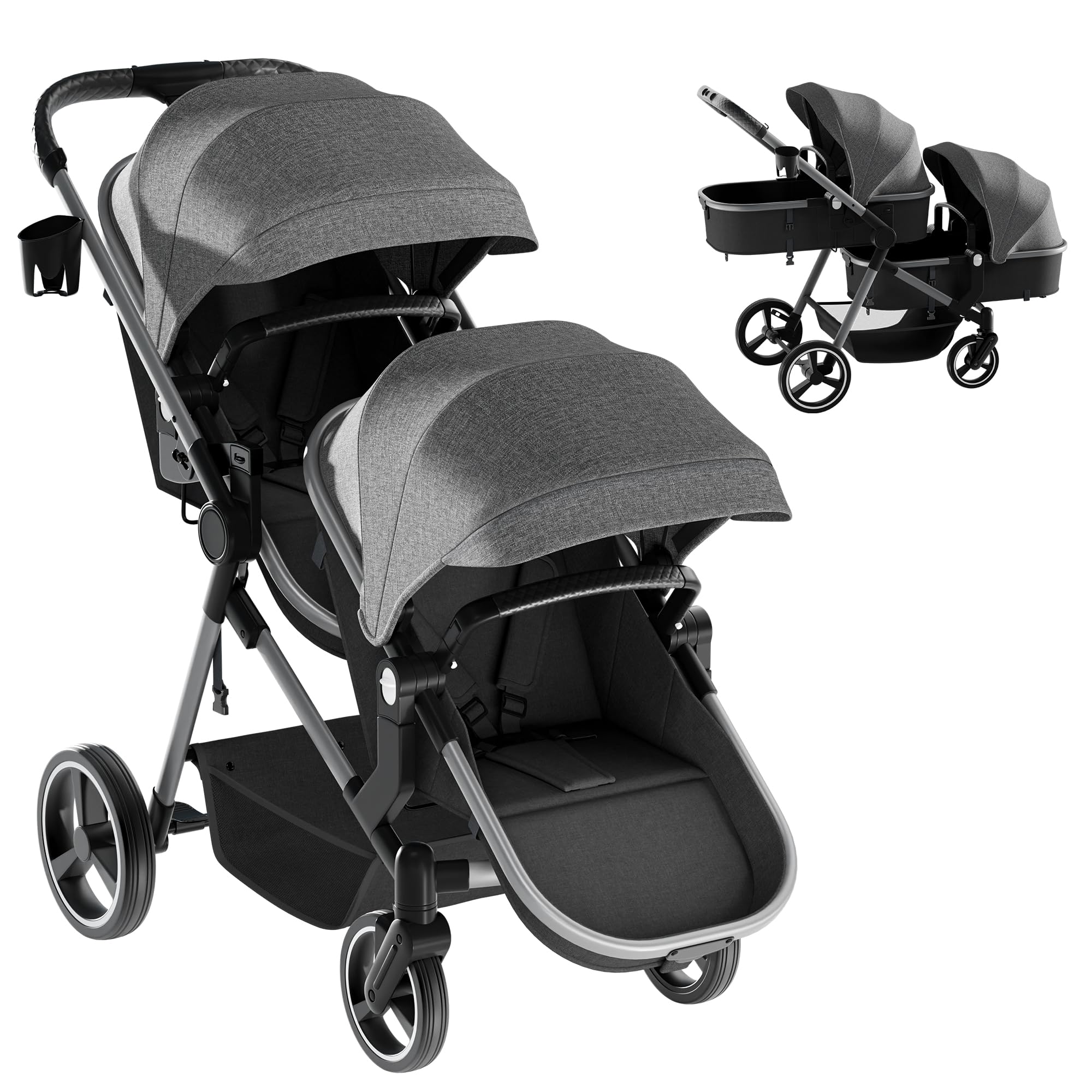 Double Stroller, Foldable Twin Tandem Stroller with Adjustable Backrest