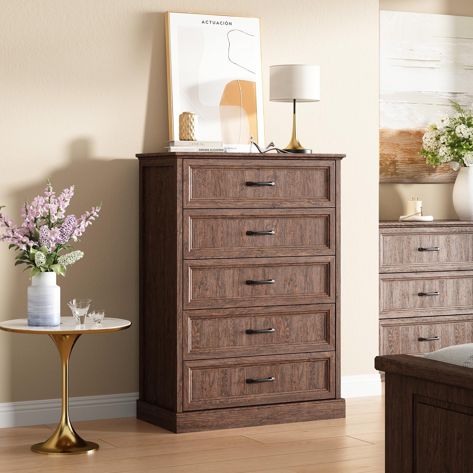 5 Drawers Dresser for Bedroom, 44" Tall Brown dresser Wood Rustic Chest