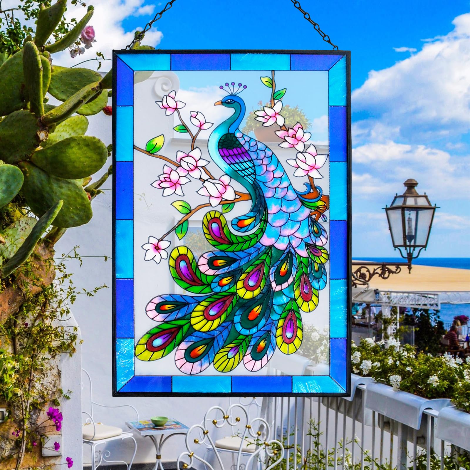 Peacock Stained Glass Hanging Garden Handmade Painted Peacock Wall