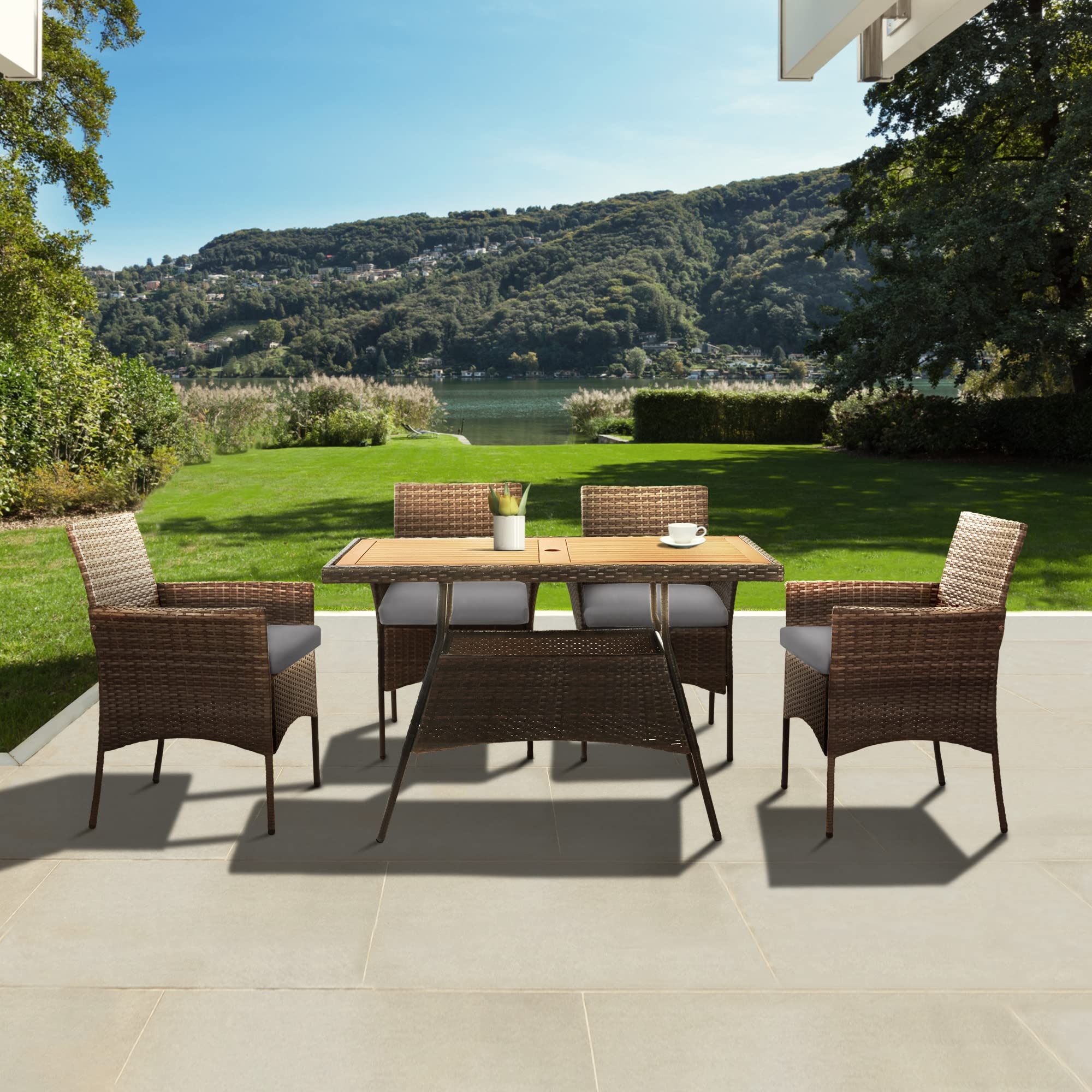 Outdoor PE Rattan Dining Set for Four, Removable Water-Resistant Cushions