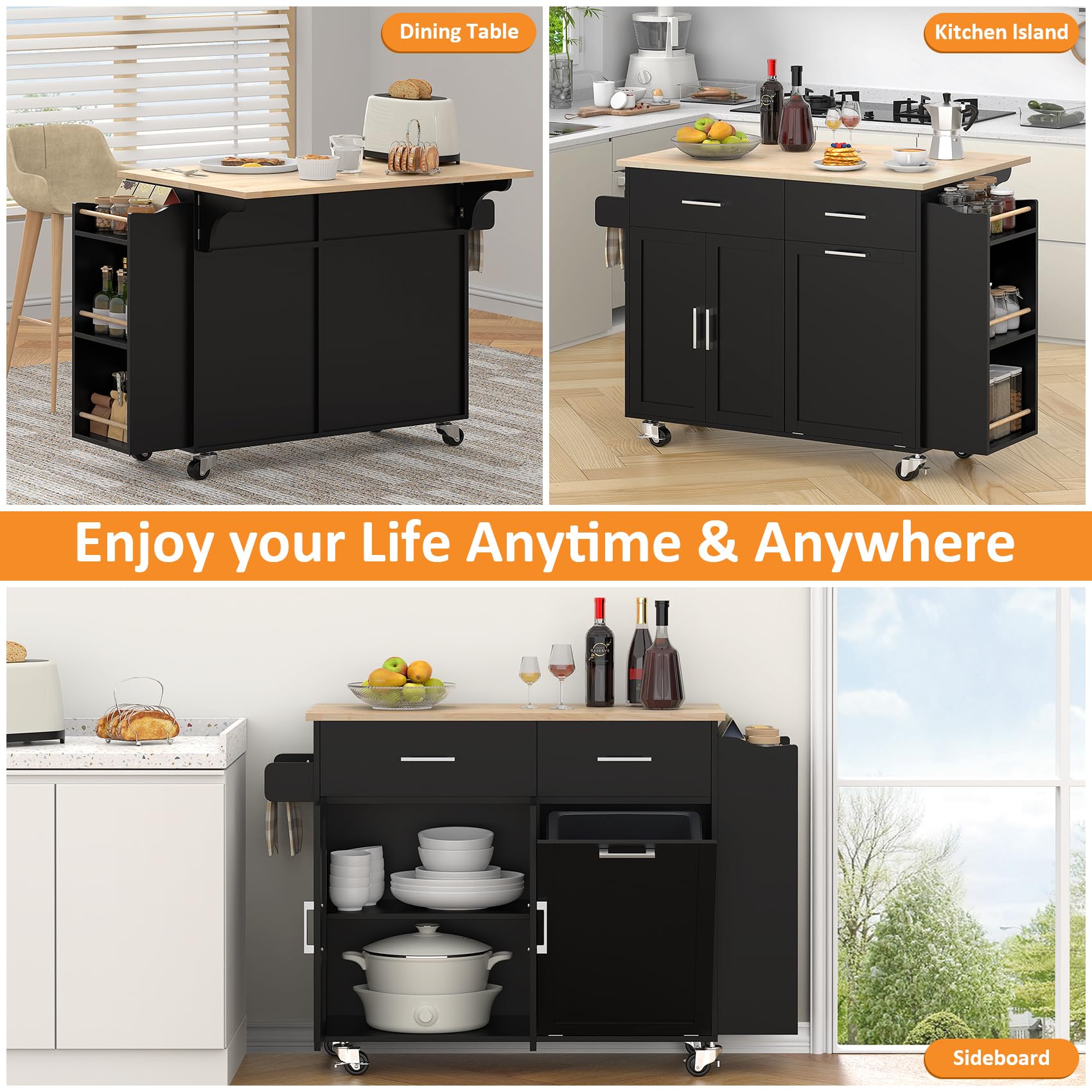 Bigbiglife Rolling Kitchen Island with 2 Drawers, Island Table for Kitchen with Drop Leaf, Kitchen Island Cart with Trash Storage Cabinet, Mobile Buffet Cabinet for Kitchen, Dining Room, Living Room