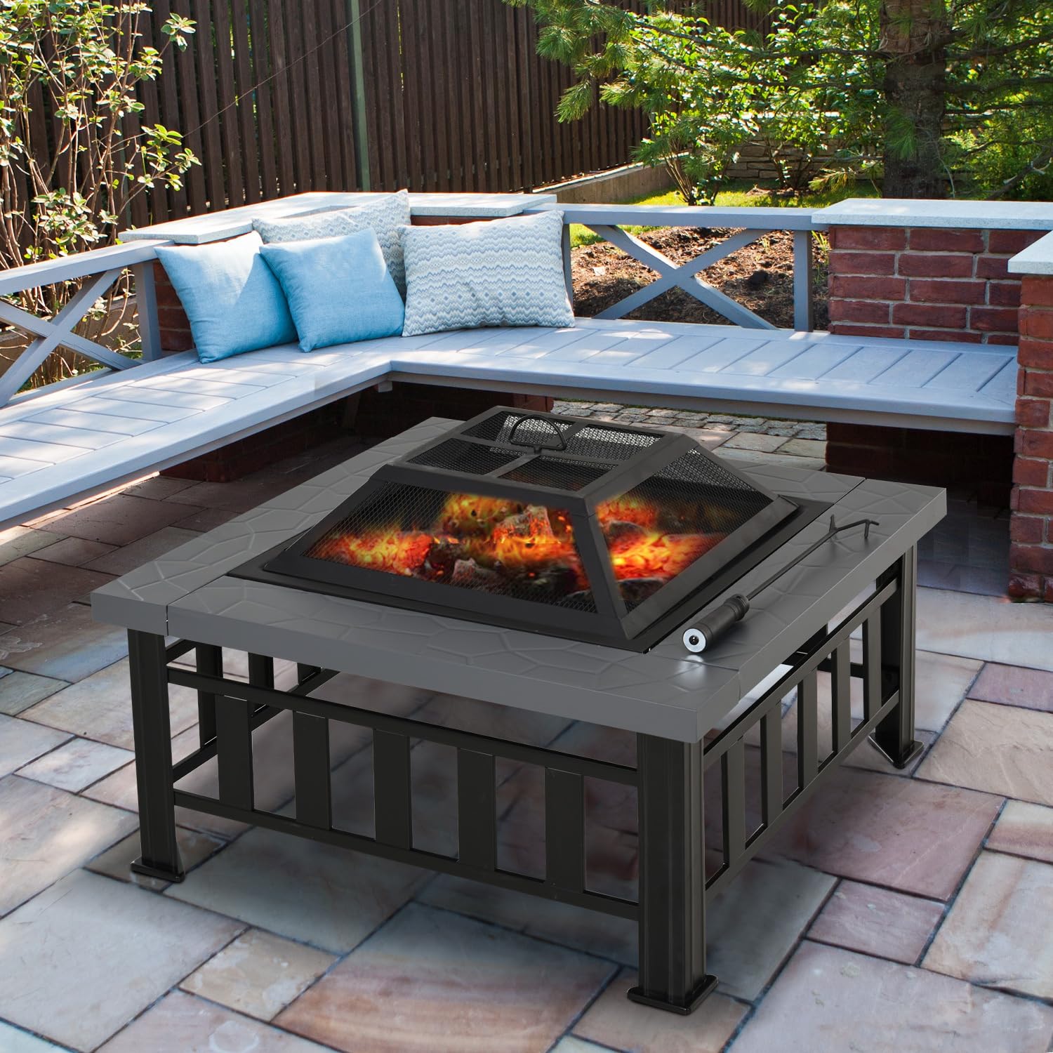 Outdoor Fire Pit Square Steel Wood Burning Firepit Bowl with Spark Screen