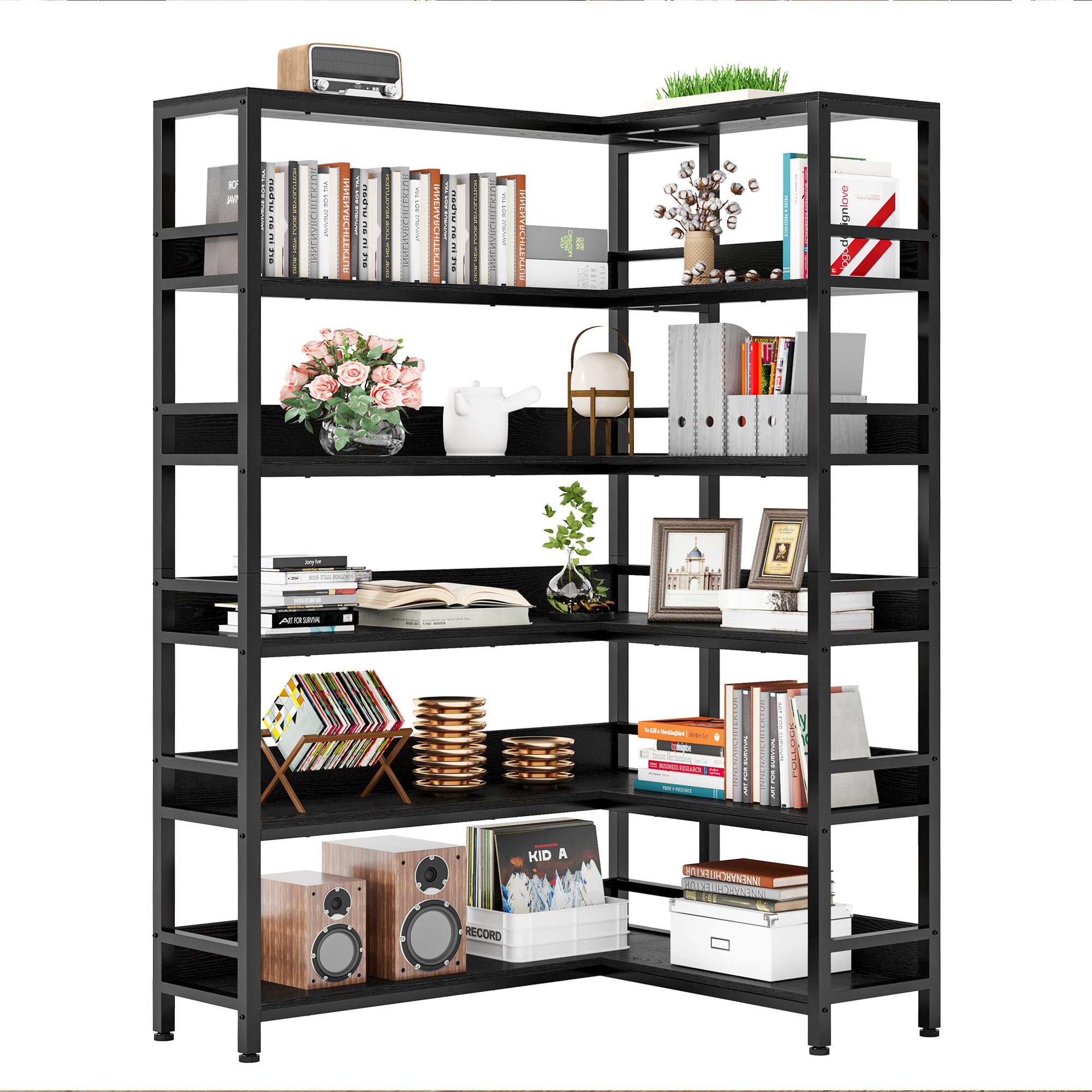 Industrial Bookshelves 6 Tiers Corner Bookcases with Baffles Etagere Shelf Storage