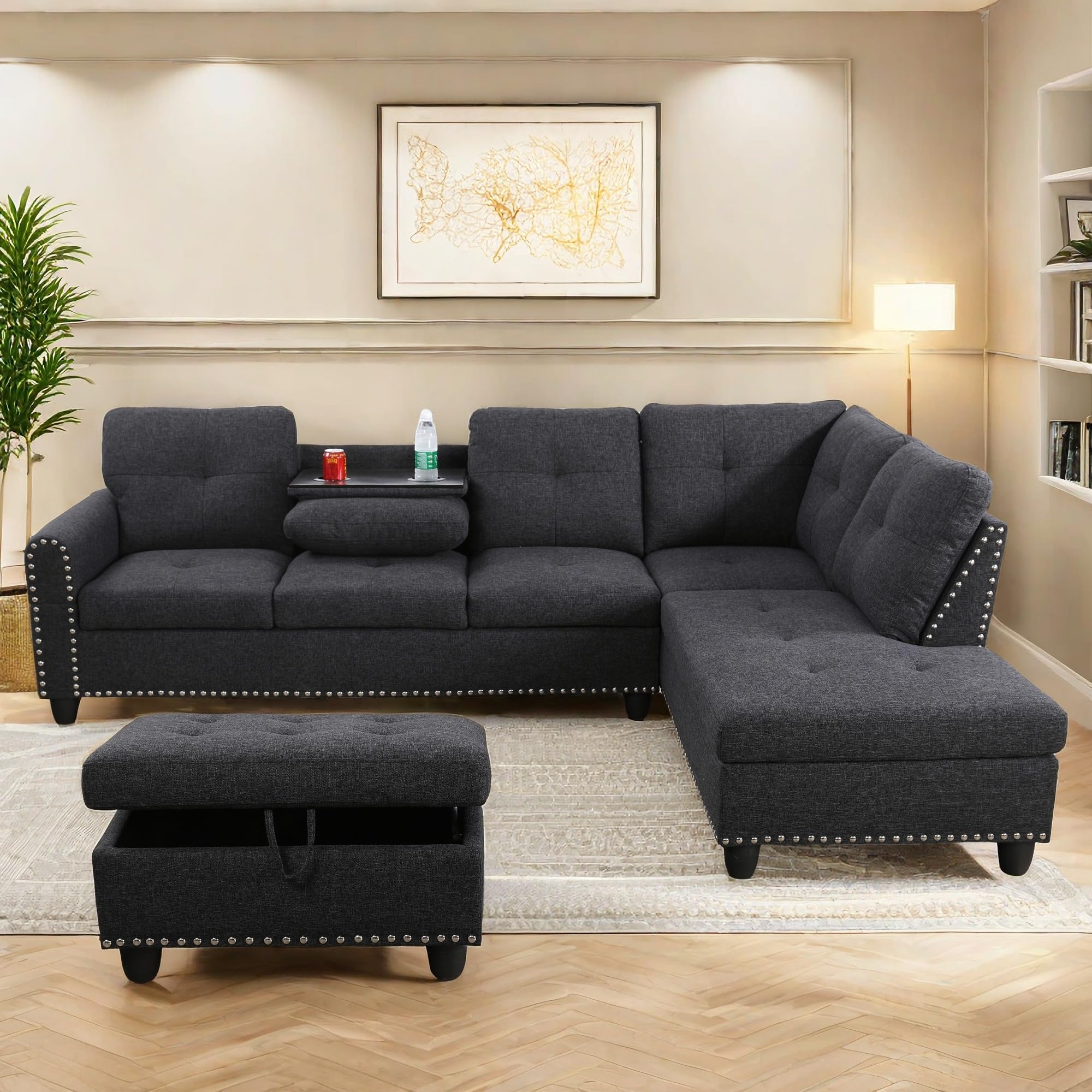 L Shaped Sectional Couches, Modular Sectional Sofa with Ottoman Storage