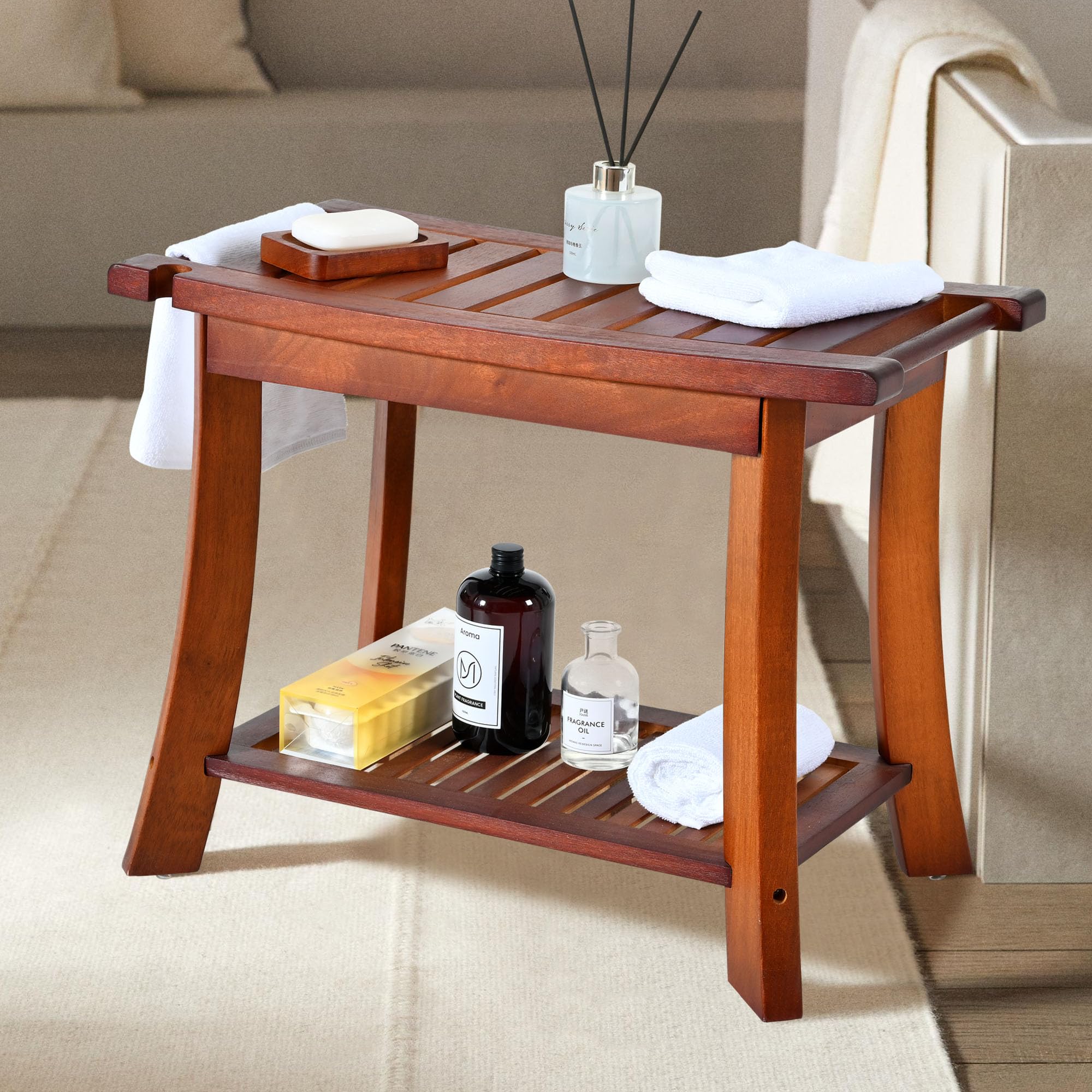 Teak Shower Chair Stool, 24 Inch Shower Bench Seat, Wooden Bathroom Bench with Storage Shelf for Adults, Elderly, Disabled Indoor & Outdoor Use (Walnut)