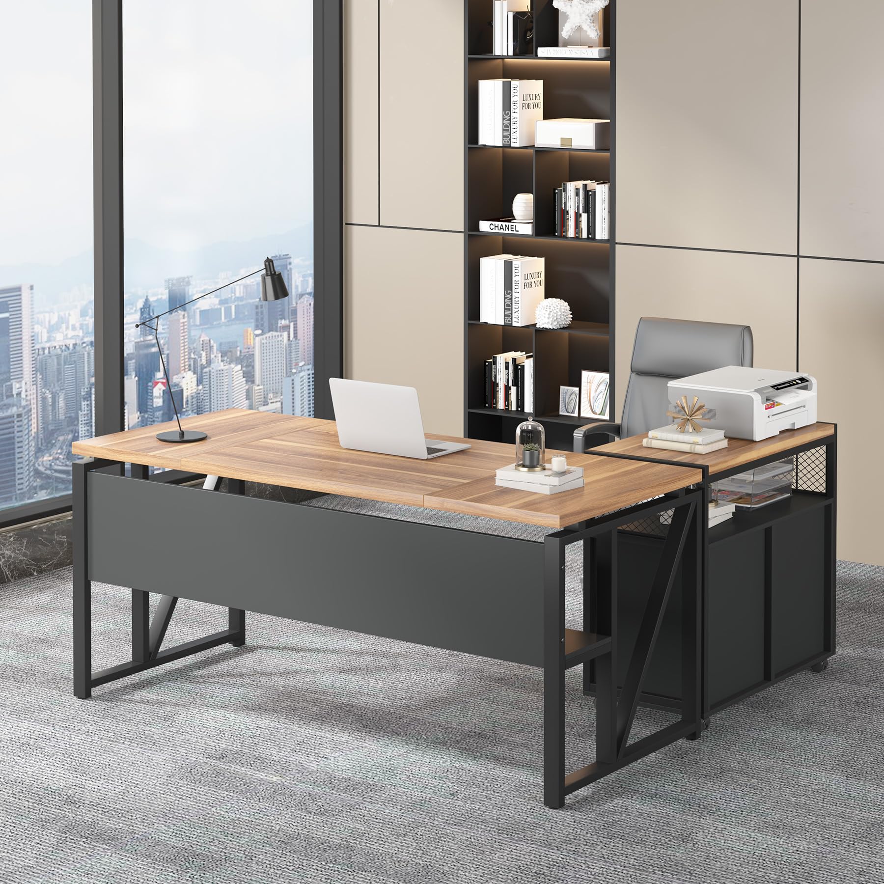 63" Executive Desk with Reversible File Cabinet, Large L-Shaped Office Desk