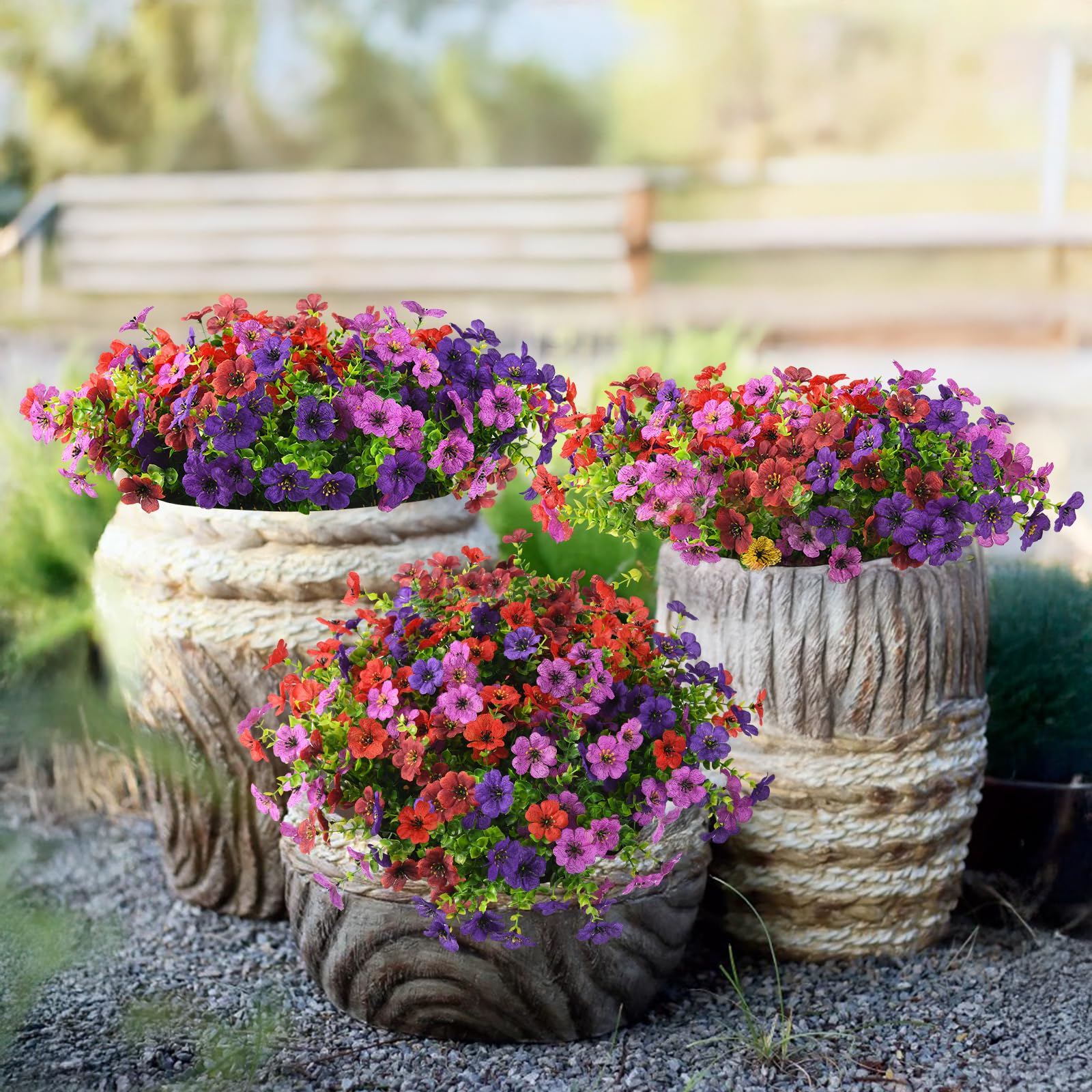 Homsunny Artificial Fake Flowers Plants Outdoors Spring Decor, Faux Flowers Silk Daisy Eucalyptus Plants UV Resisitant for Outside Planter Pot Front Porch Garden Patio Decoration(12 Bundles)