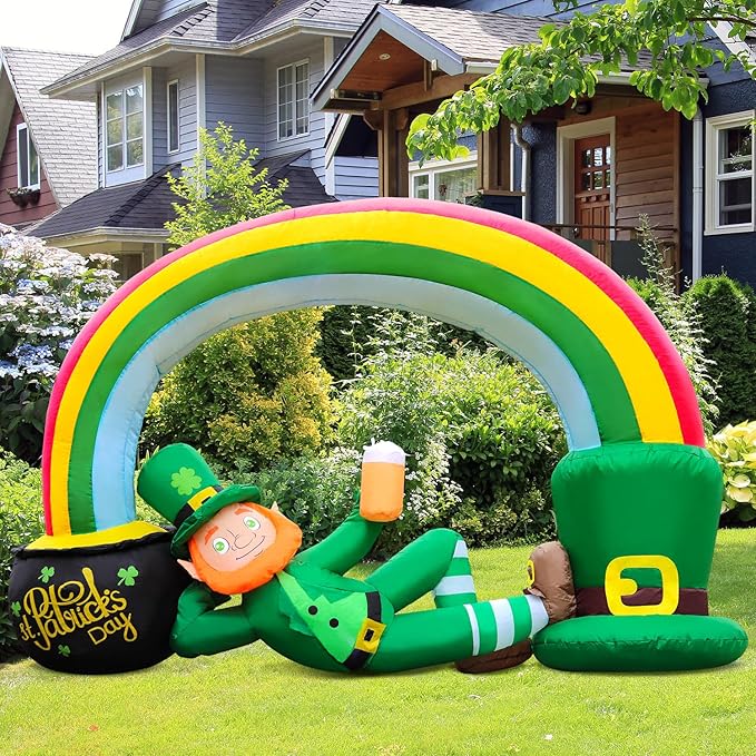 St. Patricks Day Inflatable Decorations 7FT Lying Leprechaun Rainbow Arch