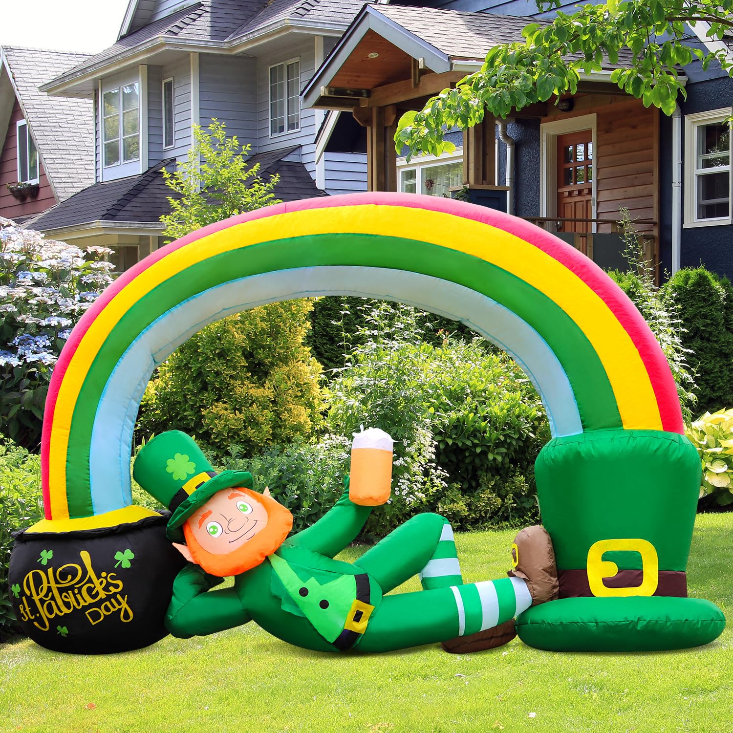 St. Patricks Day Inflatable Decorations 7FT Lying Leprechaun Rainbow Arch