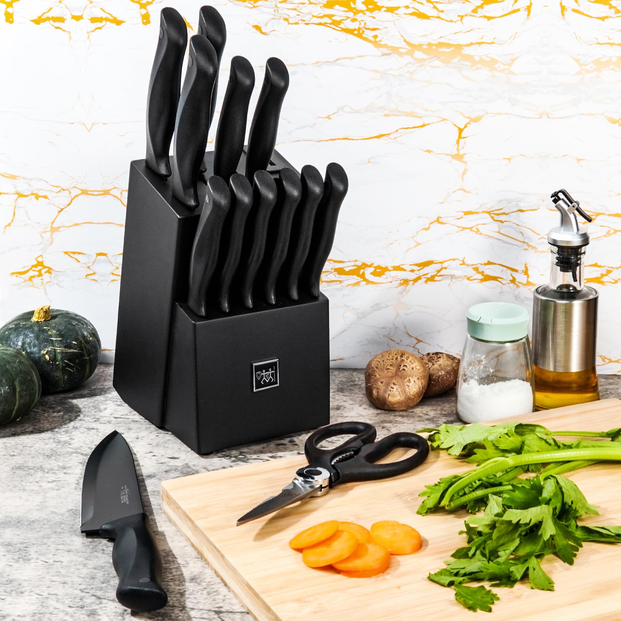 Knife Set,15 Pcs Kitchen Knife Set with Block Self Sharpening, Dishwasher Safe