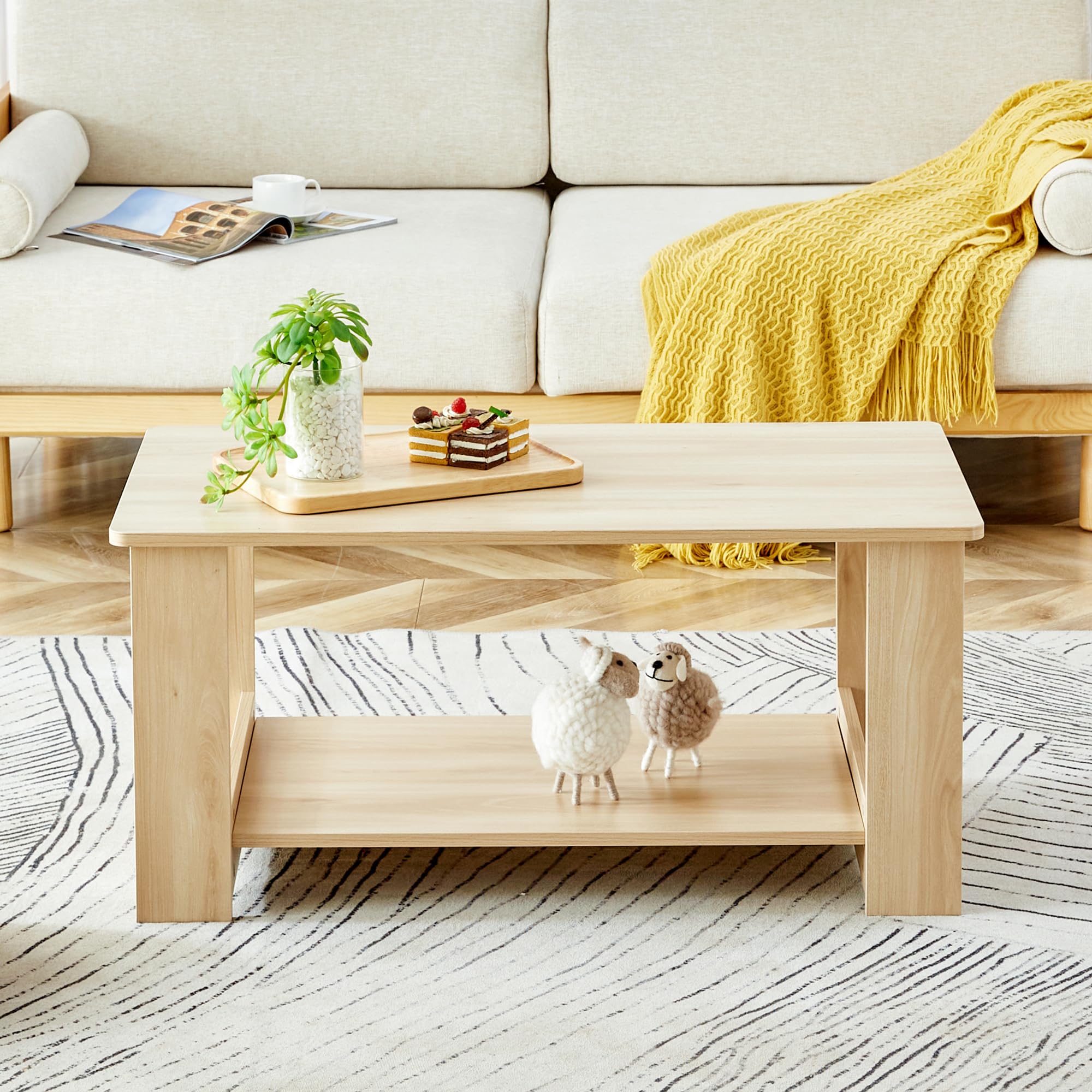 6955609318947 2-Tier Storage Shelf Solid Legs Center Living Room Wooden Farmhouse
