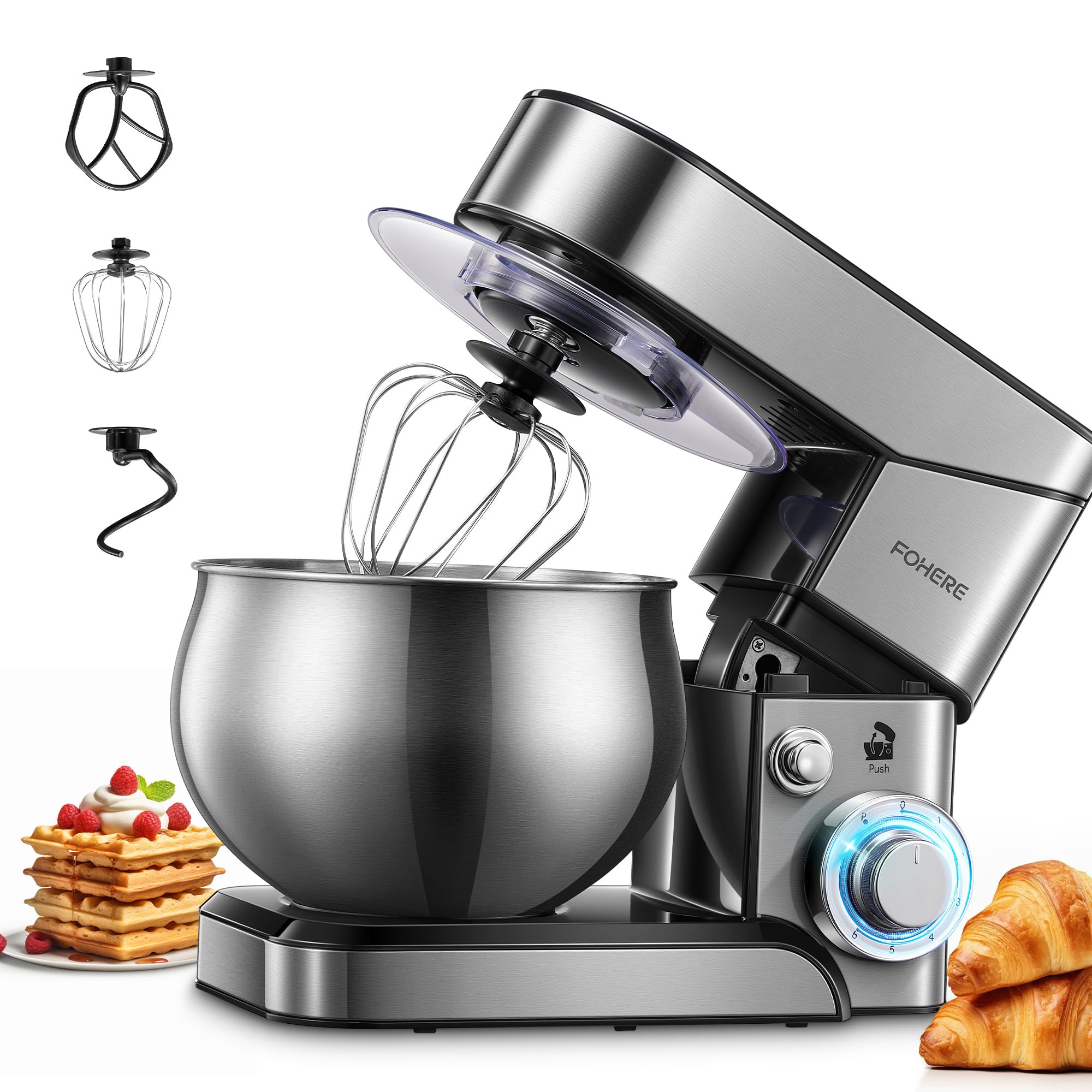 Stand Mixer FOHERE, 5.8 QT Stainless Steel Mixer with Dough Hook