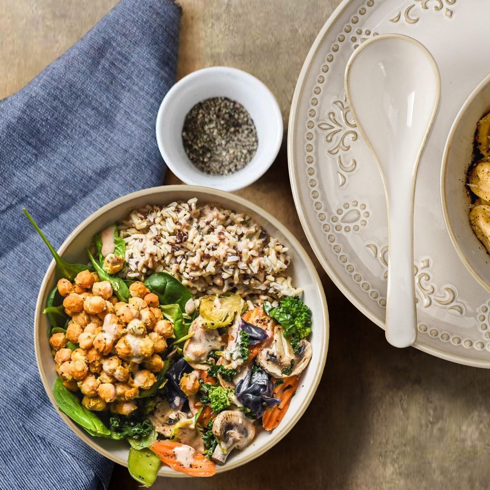 Soup Bowls 32 OZ, Cereal Bowls & Soup Spoons, Embossed Ceramic Pho Bowl