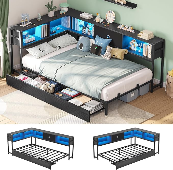 Corner Bed Frame with Storage Bookcase, Twin Daybed with Storage Drawers Underneath