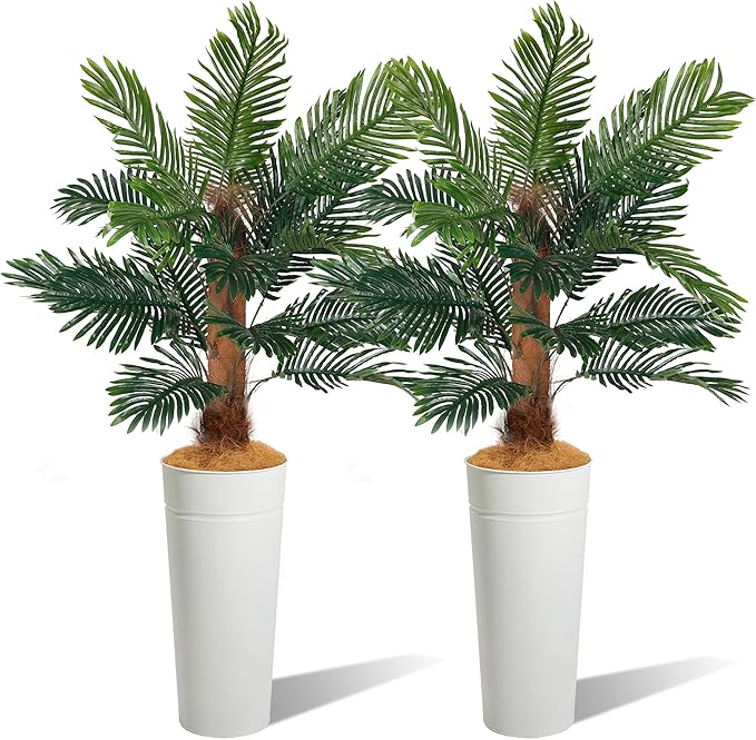 28" Tall White Planter with Faux Palm Tree – Galvanized Steel Pot with Tropical PEVA