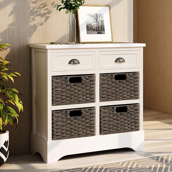 Storage Cabinet Retro Style Storage Unit with 2 Drawers and 4 Baskets for Home Entryway