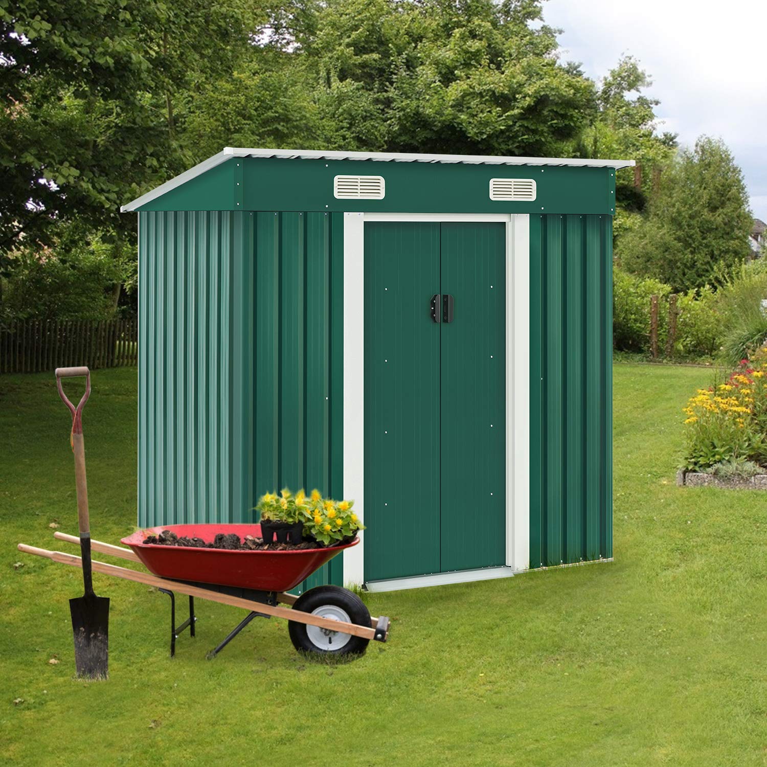 Storage Shed Tool House 6x4 FT Outdoor Garden Steel Shed with Sliding Door(Green)
