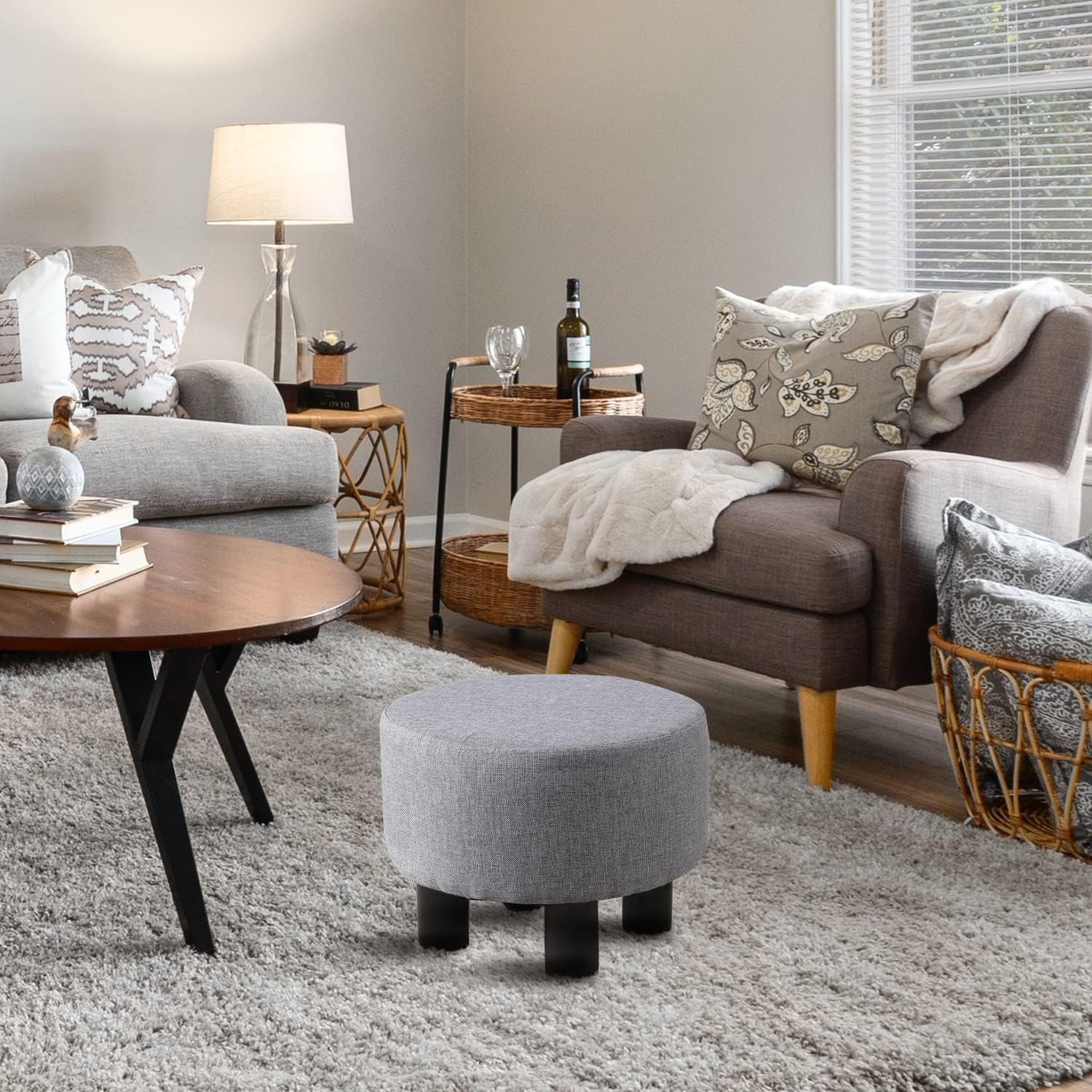 Linen Ottoman Round Footrest Stool,Ottomans and Poufs