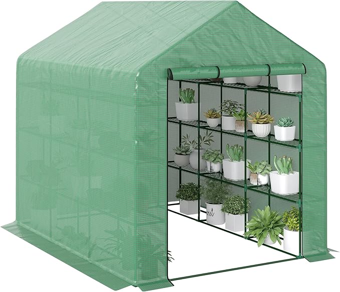 8' x 6' x 7' Walk-in Greenhouse, PE Cover, 4-Tier Shelves, Steel Frame Hot House