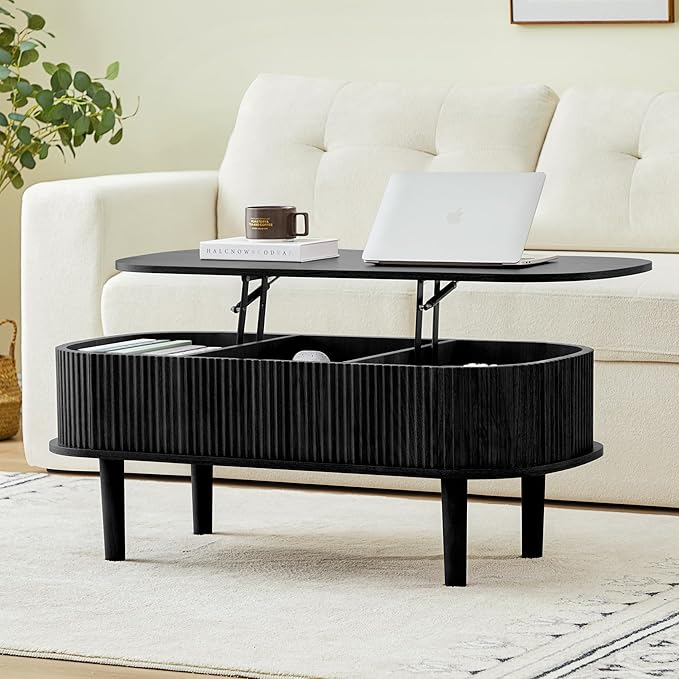 Fluted Lift Top Coffee Table with Hidden Compartment, Fully Assembled Wooden Center